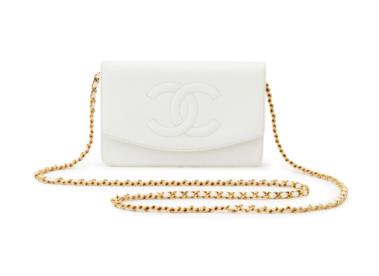 Chanel Caviar Timeless CC Wallet on Chain in White: Chanel Caviar Timeless CC Wallet on Chain in White Leather, the gold-tone and leather crossbody strap, fold-over top with embossed "CC" logo, opening to divided cream lined interior, marked "Chanel / 