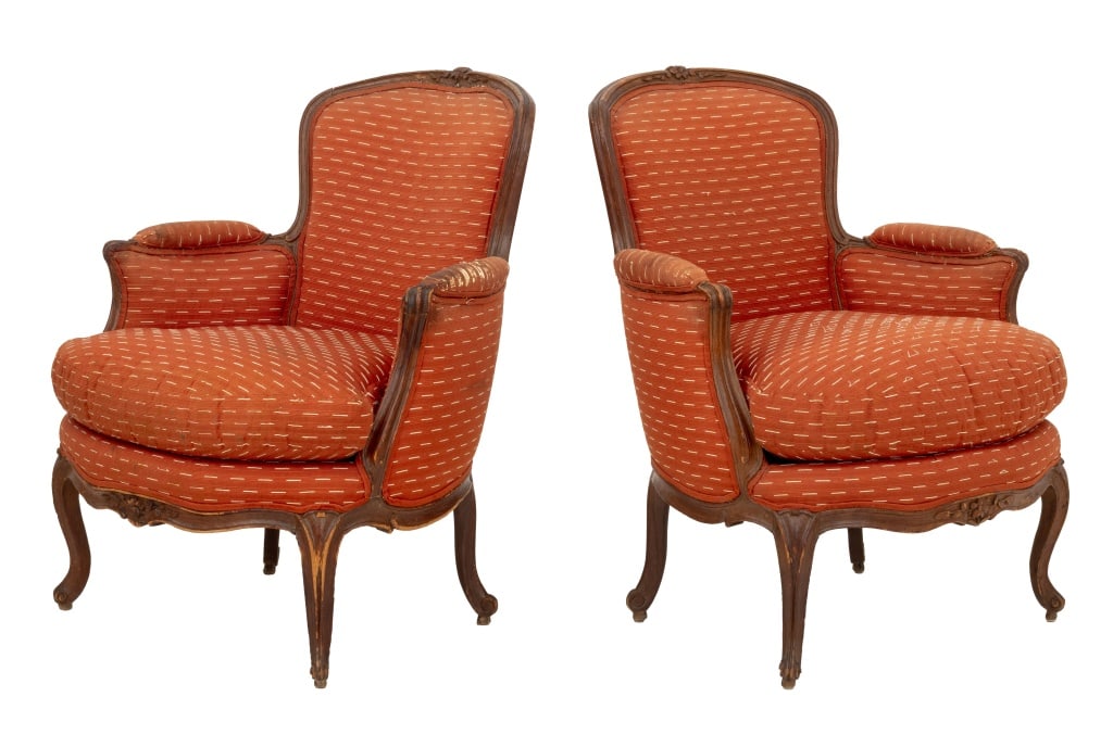 Etienne Meunier Louis XV Beechwood Bergeres, Pair: Pair of Etienne Meunier Louis XV Carved Beech Wood Bergeres, circa 1750, with burnt orange and white upholstery on cabriole legs, stamped "E. Meunier". 35.5" H x 28.5" W x 29" D; seat 16" H. Provenanc