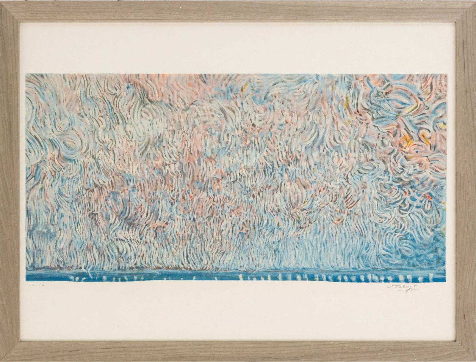 Mark Tobey "The Scroll of Liberty", 1973: Mark Tobey (American, 1890-1976), "The Scroll of Liberty", Lithograph in Colors on Japon Paper, 1973, from "An American Portrait 1776-1976", Part I [Your Huddled Masses], signed in pencil lower right,
