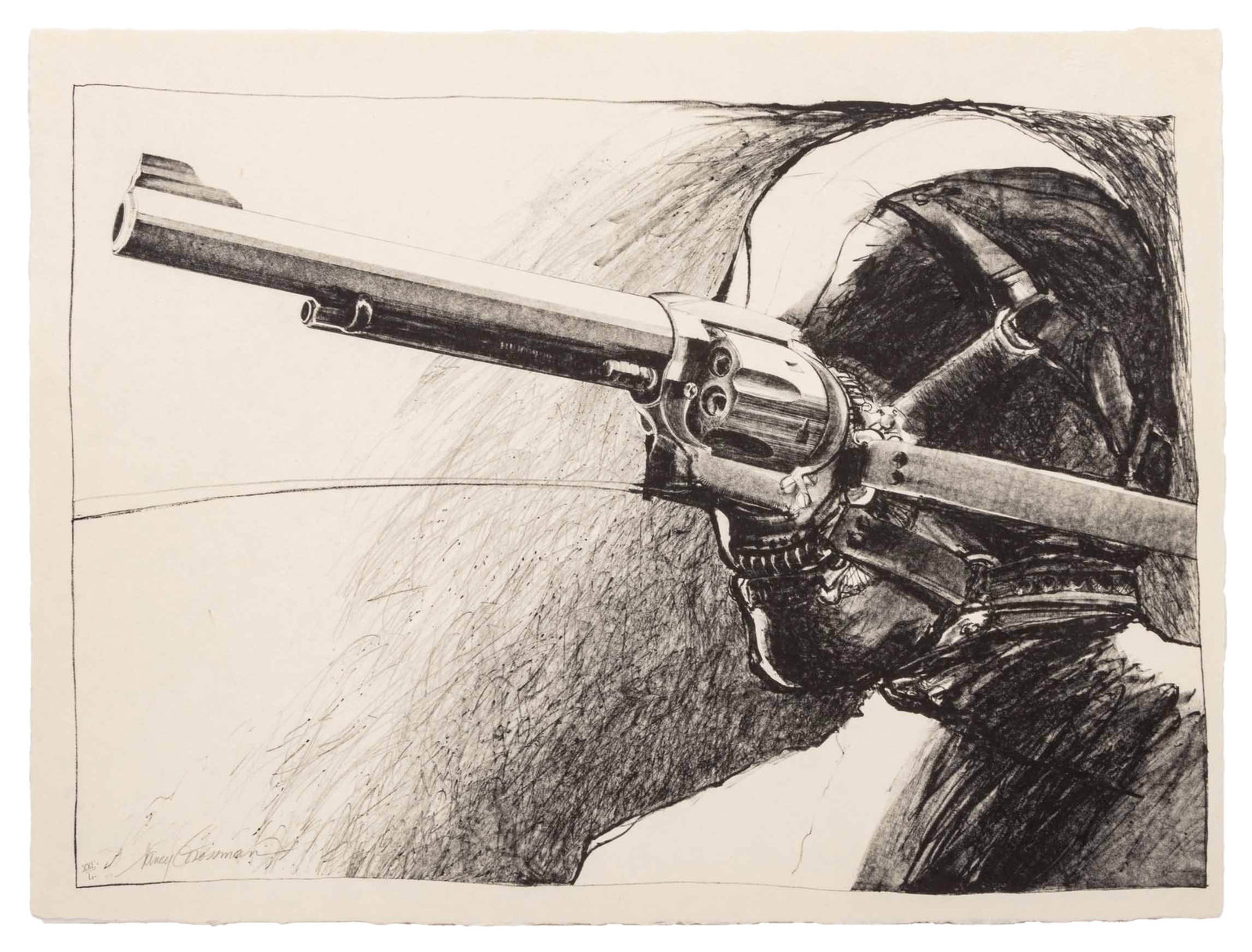 Nancy Grossman "Road to Life" Lithograph, 1975: Nancy Grossman (American, b. 1940), "Road to Life", Lithograph on Japon Paper, 1975, from An American Portrait 1776-1976, Part I [Your Huddled Masses], signed in pencil and numbered edition "XXI / L" 