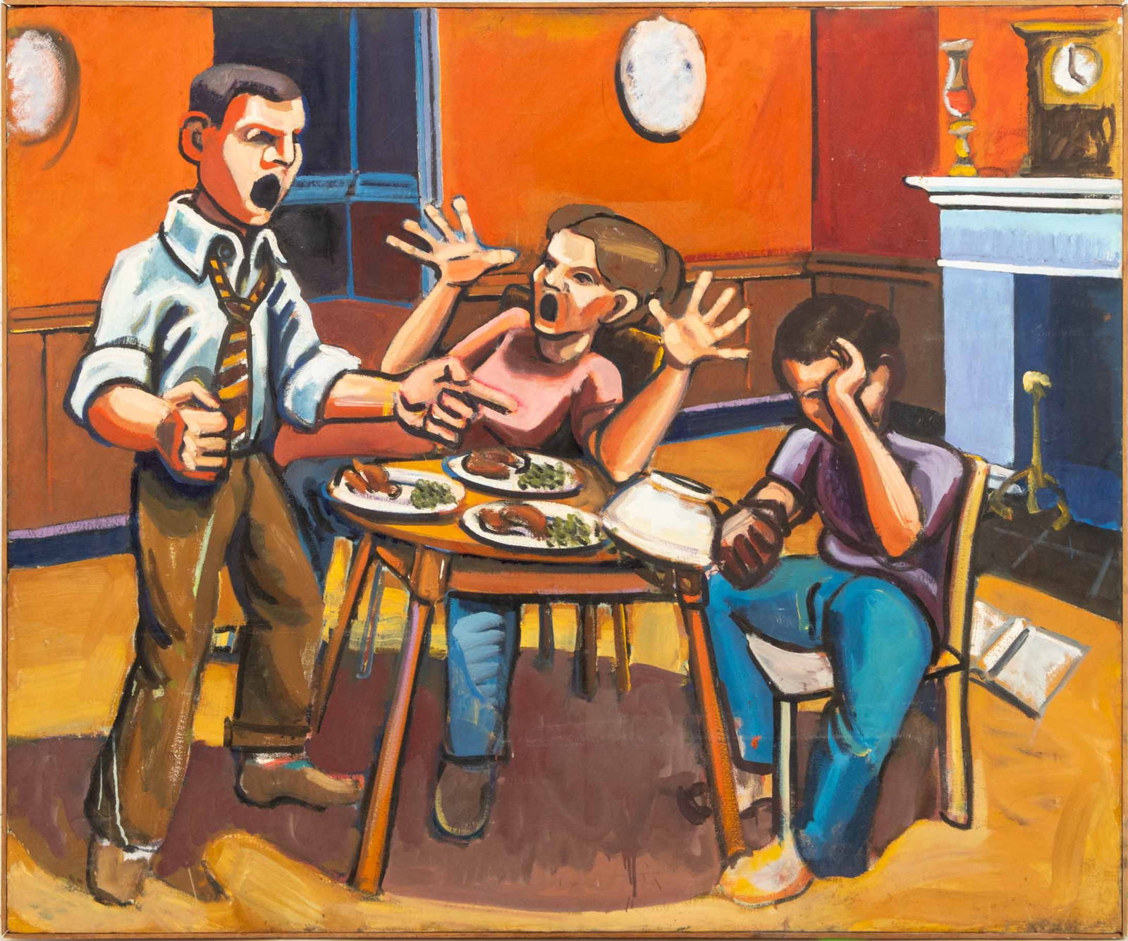 Daniel W. Freeman "Puberty" Oil on Canvas, 1975: Daniel W. Freeman (American, XX), "Puberty (or My Family Portrait)", Oil on Canvas, 1975, signed, titled, and dated verso, wood frame. Image: 50.25" H x 60.25" W; frame: 50.75" H x 60.75" W x 1.5" D. 