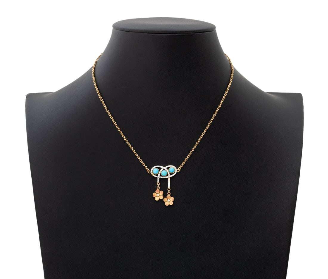 Vintage Turquoise & Enameled Yellow Gold Necklace: Vintage 18K Yellow Gold, Turquoise, and Enamel Necklace, crafted with two oval link chain segments fixed to centered pendant decorated with applied enamel covering knotted ribbons and floral bloom dro