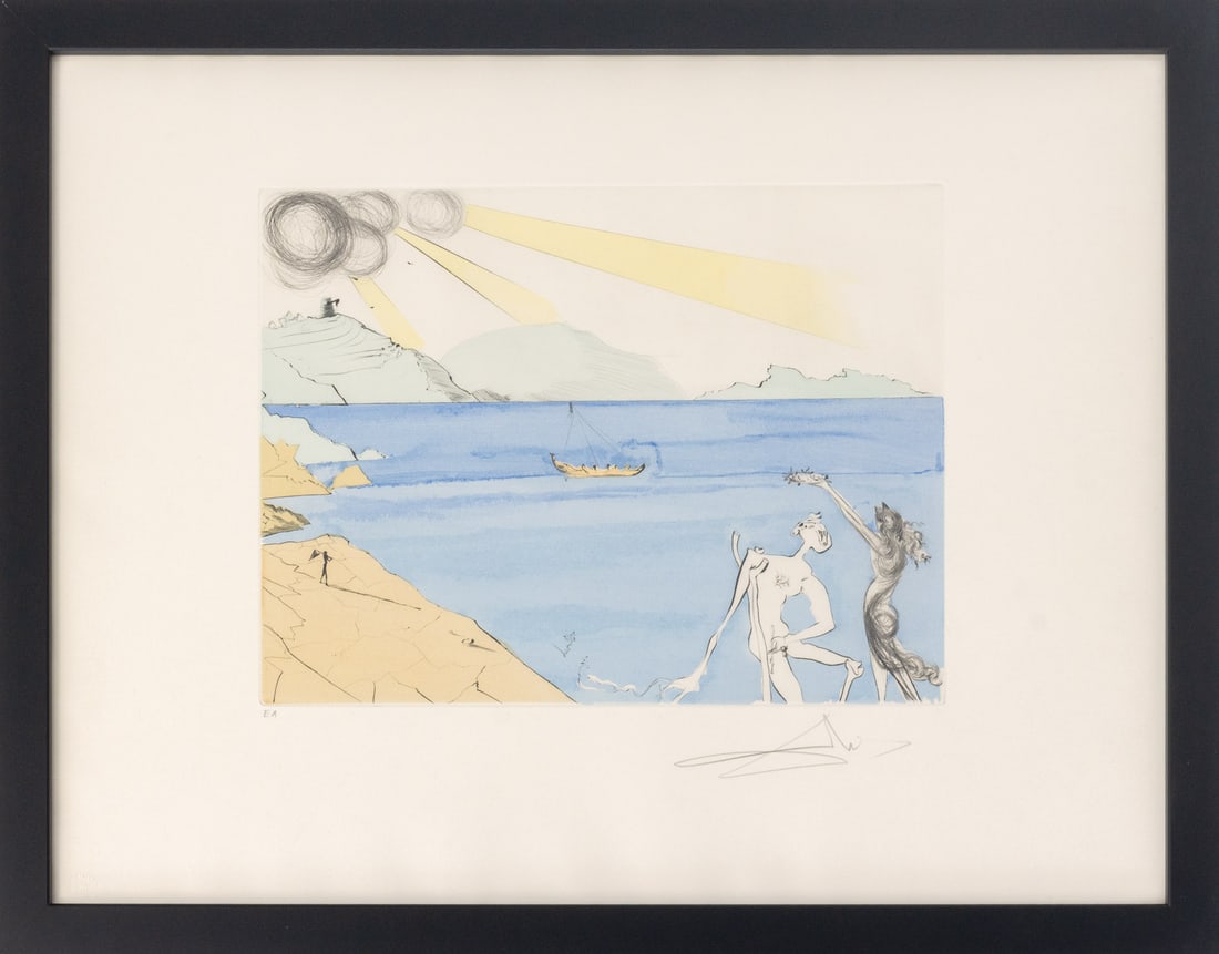 Salvador Dali "Les Lauriers de Bonheur" Etching: Salvador Dali (Spanish, 1904-1989), "Les Lauriers de Bonheur" [The Laurels of Happiness], Drypoint and Etching with Pochoir, 1974, from "After 50 Years of Surrealism", published Atelier Rigal, Paris, 