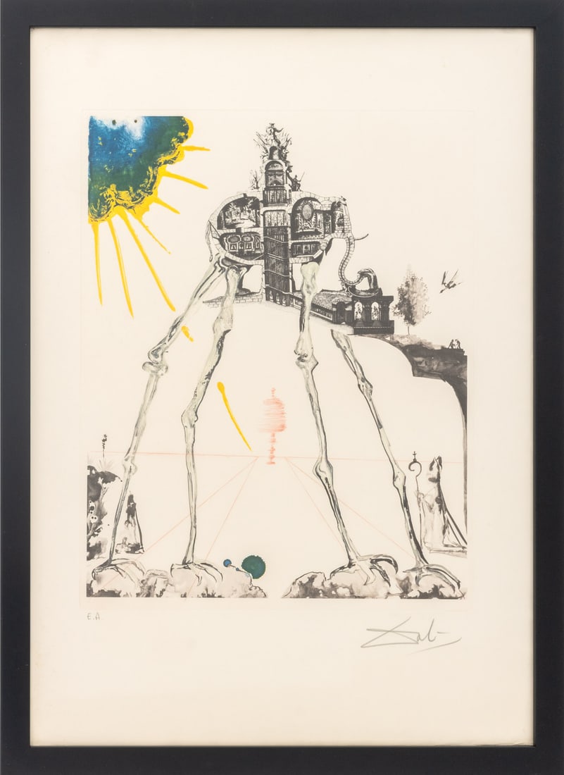 Salvador Dali "Space Elephant" Etching, 1971: Salvador Dali (Spanish, 1904-1989), "Space Elephant", Etching and Photolithograph in Colors on Arches Paper, 1971, from the "Memories of Surrealism" suite, published by Transworld Art, New York, signe