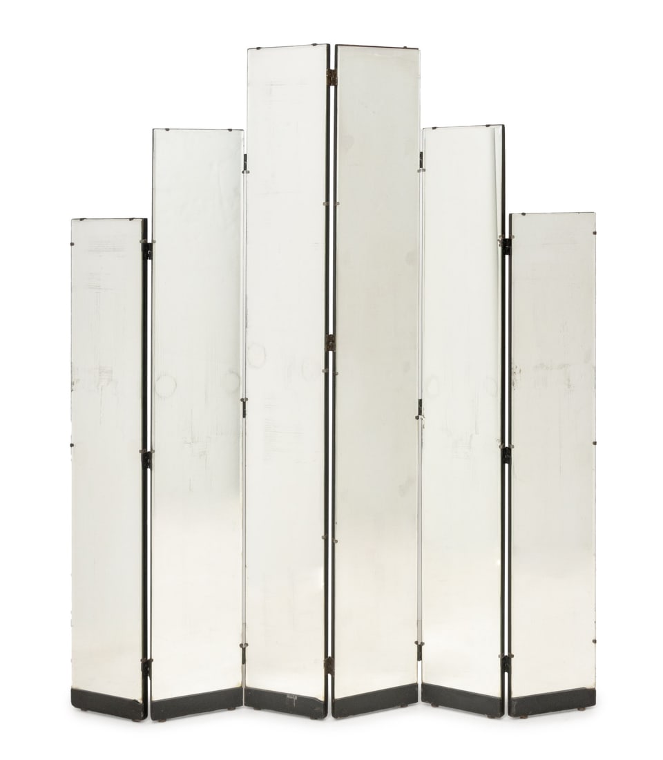 Skyscraper Style Mirrored Six-Panel Floor Screen: Skyscraper Style Mirrored Six-Panel Floor Screen, the panels of varying heights and with beveled glass mirror plates. Tallest panel: 80.5" H x 11" W x 1.25" D. Provenance: From a West End Avenue Colle