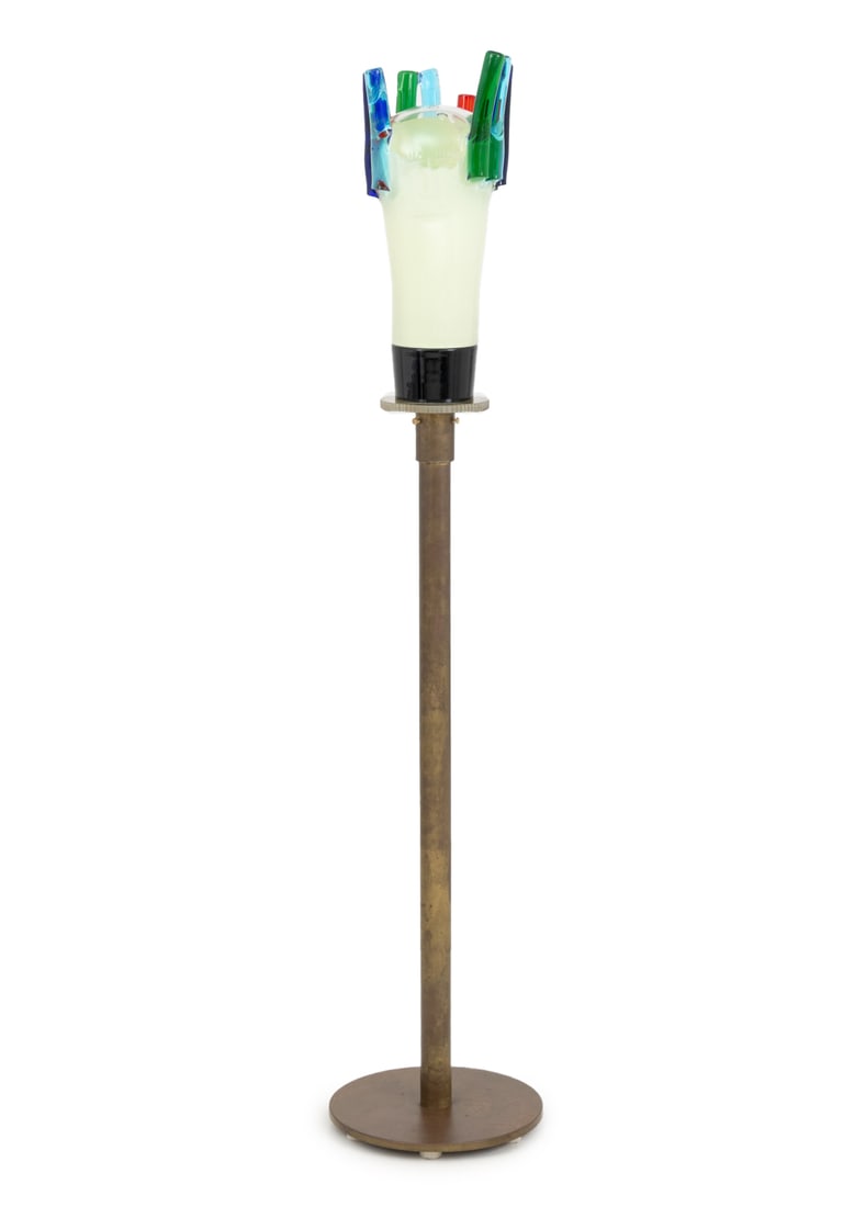 Elio Raffaeli Murano Glass Sculpture Floor Lamp: Elio Raffaeli (Italian, b. 1936) for Murano Glass Face Sculpture Floor Lamp, the figurative polychrome glass mounted on circular acrylic base above single brass support on circular base, signed and il