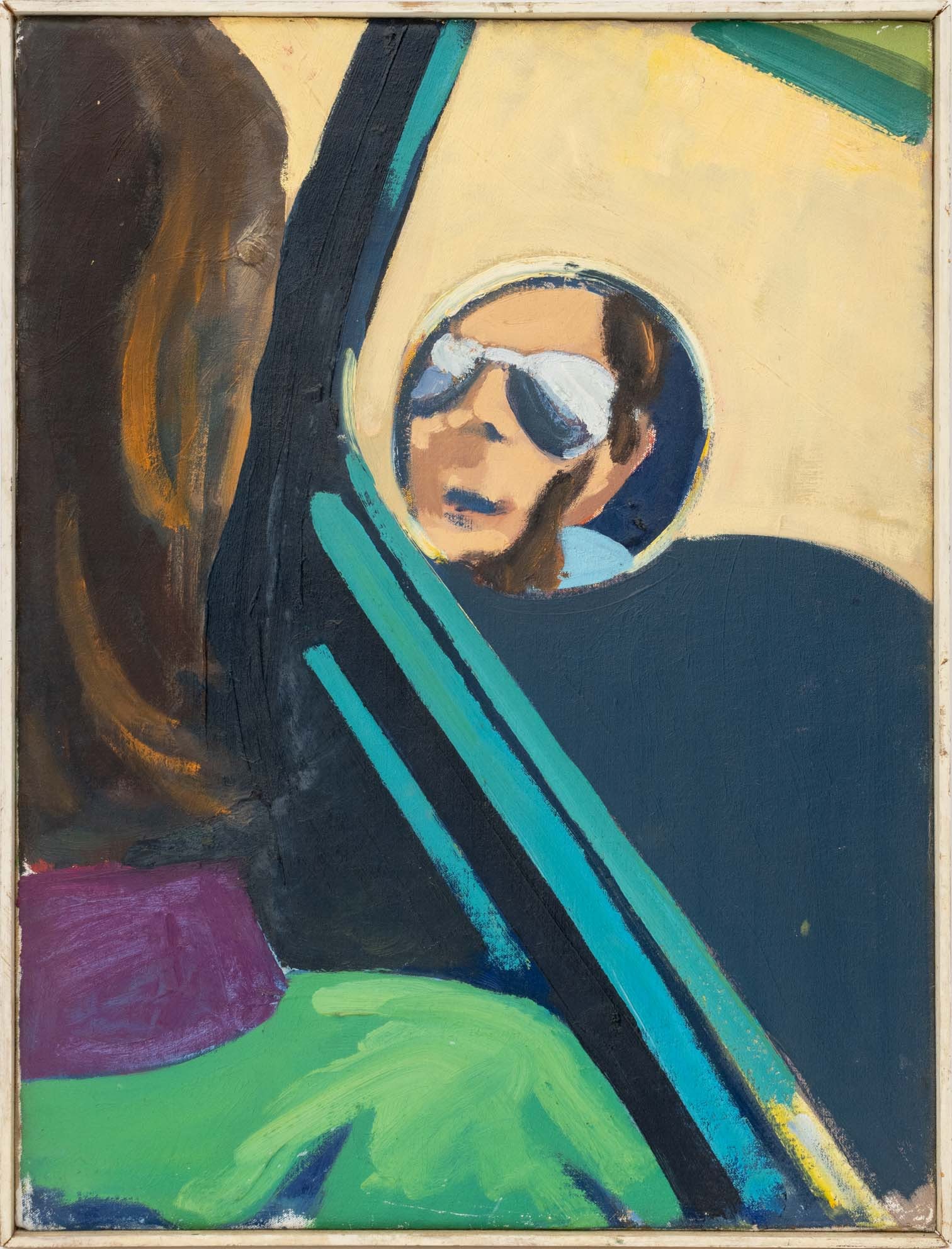 Daniel W. Freeman "Journey to JFK" Oil, 1975: Daniel W. Freeman (American, XX), "Journey to JFK: Me on the Passenger Side as Usual (Third Person Self-Portrait)", Oil on Canvas, 1975, signed, dated, titled, and unfinished figural oil painting vers