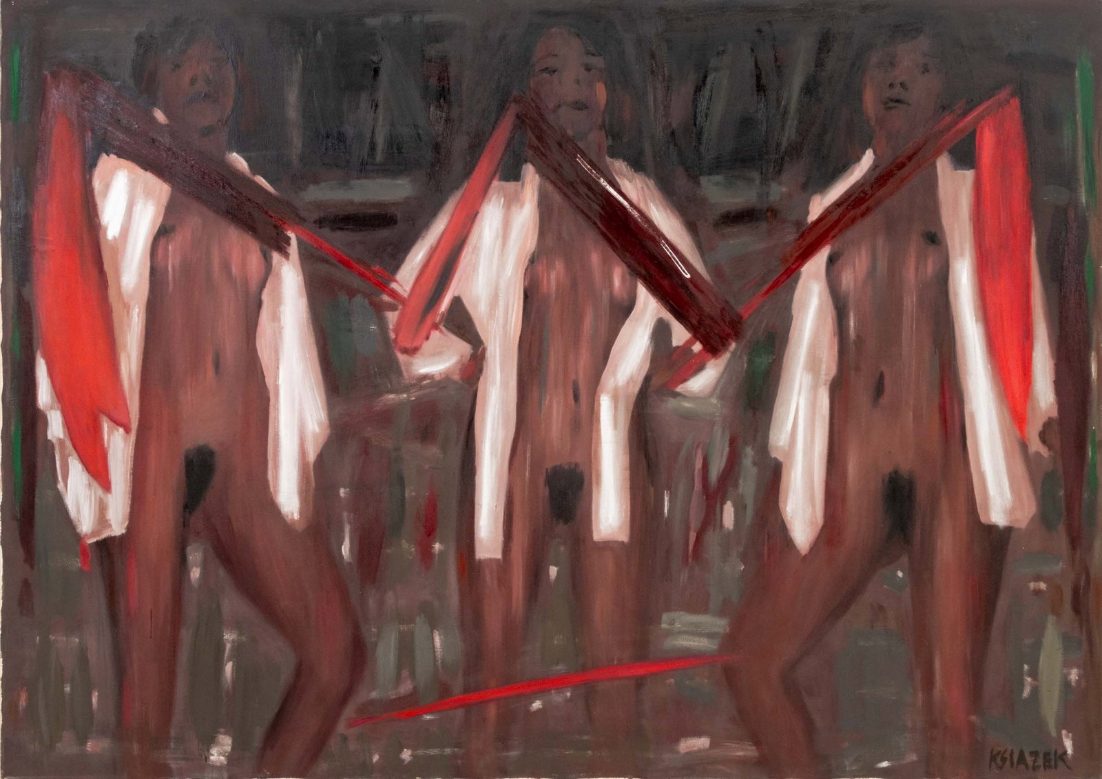 Ksiazek Signed Abstract Nude Figures Oil on Canvas: Polish School, Abstract Nude Figures, Oil on Canvas, signed "Ksiazek" lower right, unframed. 50.25" H x 70.25" W x 1.5" D. Provenance: From a New York City Estate. Keywords: Paintings, Works on Canvas