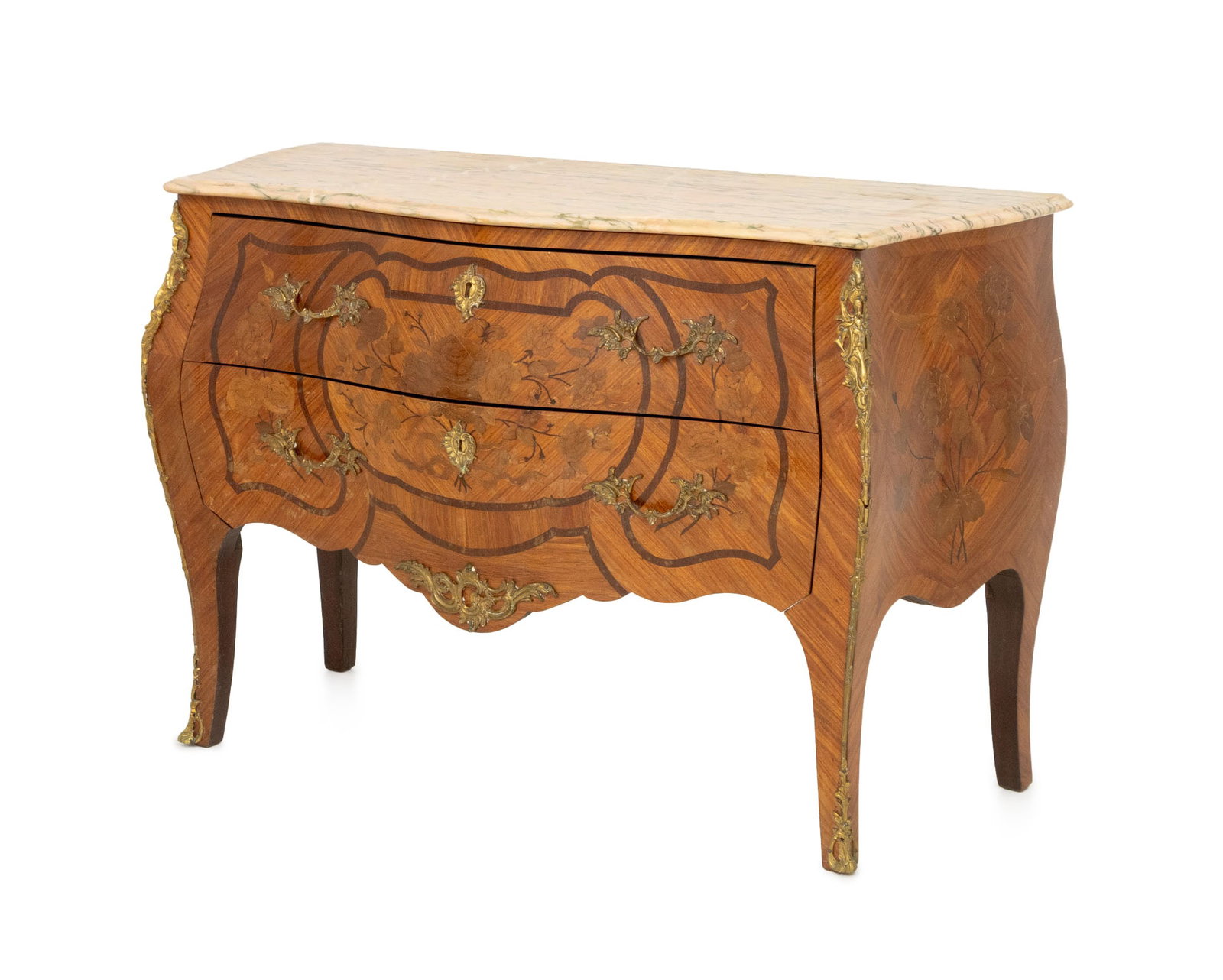 Louis XV Style Walnut Bombe Commode: Louis XV Style Walnut Bombe Chest of Drawers, pink marble top above two drawers with marquetry inlay on scroll form legs. 31.25" H x 46.5" W x 19.5" D. Provenance: From a West End Avenue Collection.