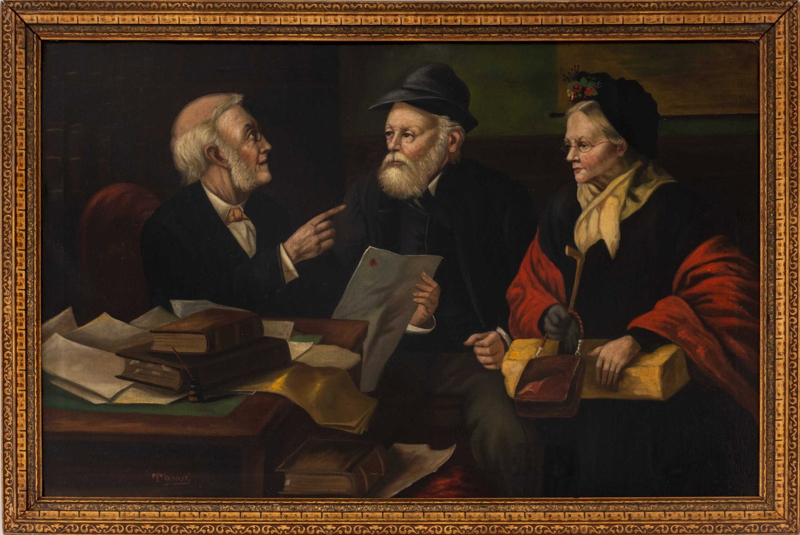 After Louis C. Moeller "The Deed to the Farm" Oil: After Louis C. Moeller (American, 1855-1930), "The Deed to the Farm", Oil on Canvas, early 20th century, illegibly signed "To ...(?)" lower left, giltwood frame. Image: 17.5" H x 27.5" W; frame: