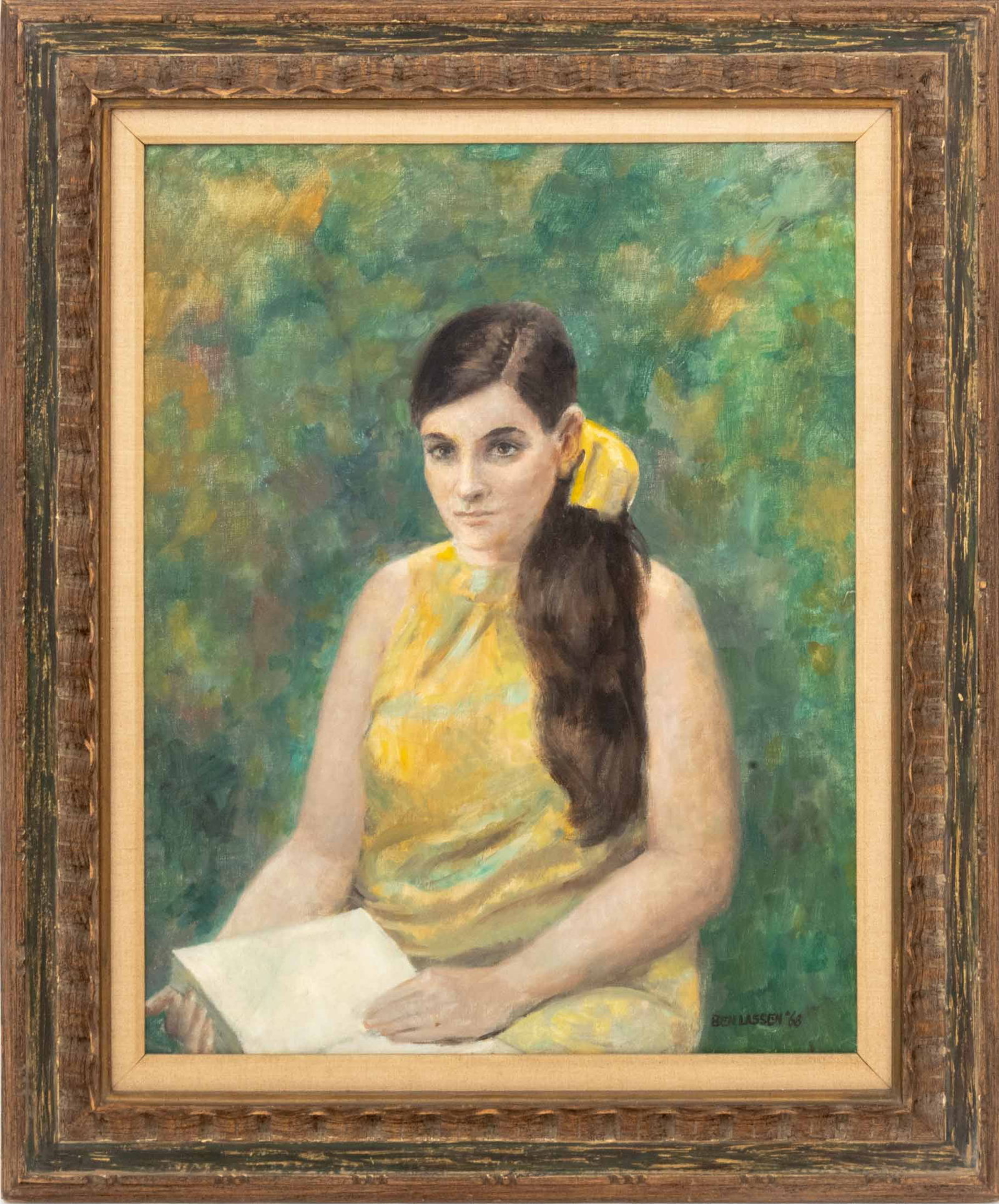 Ben Lassen Portrait of a Woman Oil on Canvas, 1968: Benjamin Lassen (American, 1904-1968), Portrait of a Brunette Woman Reading a Book, Oil on Canvas, 1968, signed and dated lower right, House of Heydenryk green painted and carved wood frame. Image:
