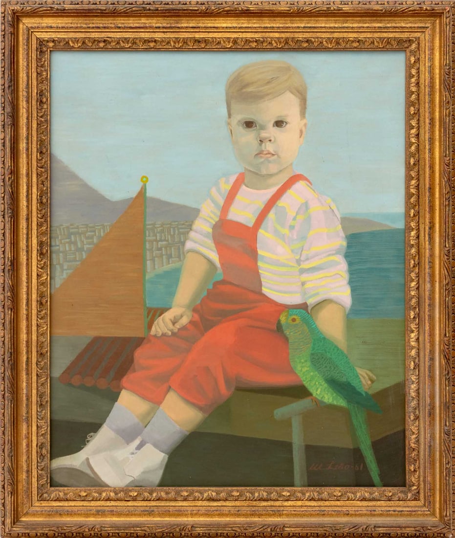 Signed Portrait of a Child with Green Parrot, 1961: 20th Century School, Portrait of a Child with Green Parrot, Oil on Canvas, 1961, signed "W. Leao" and dated lower right, giltwood frame. Image: 28.25" H x 23" W; frame: 34.75" H x 29.5" W x 1.75" D. P