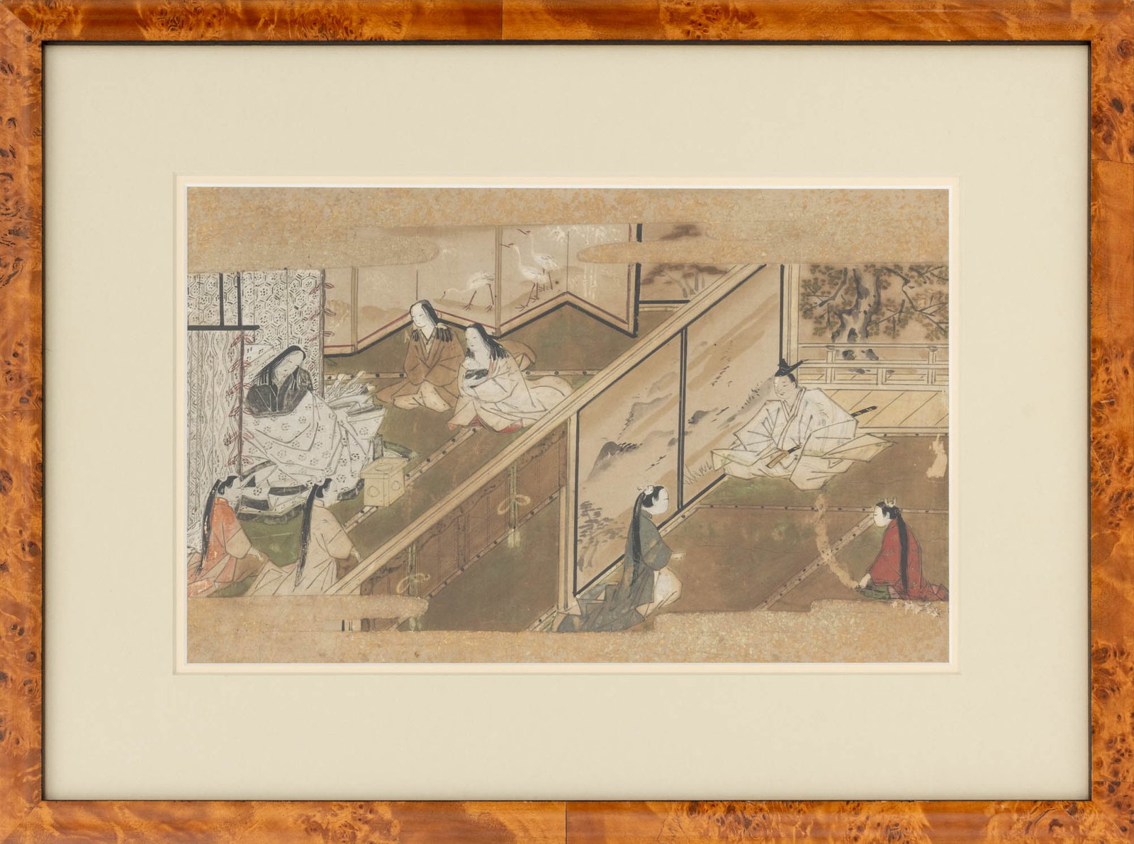 Japanese Tale of Genji Mixed Media, Edo Period: Japanese School, Tale of Genji Narrative Scene, Gouache, Ink, Watercolor, and Gilt on Paper, Edo Period, burlwood frame. Image: 8.6" H x 13.5" W; frame: 15.25" H x 20.25" W x 0.75" D. Provenance: From
