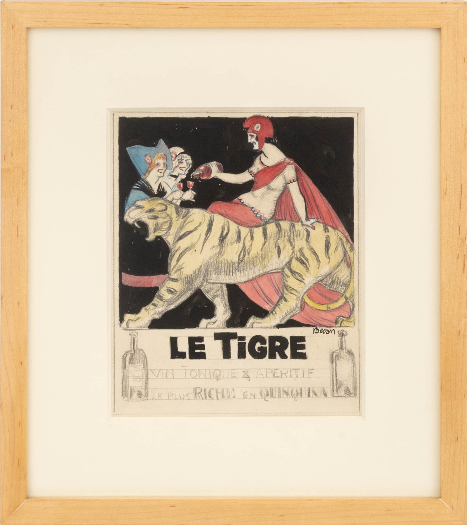Bernard Becan "Le Tigre" Watercolor & Graphite: Bernard Becan (French, 1890-1943), "Le Tigre: Study for a Poster" [The Tiger], Watercolor and Graphite on Paper, signed center right, Eric G. Carlson gallery label verso, wood frame. Image: 8.5" H x