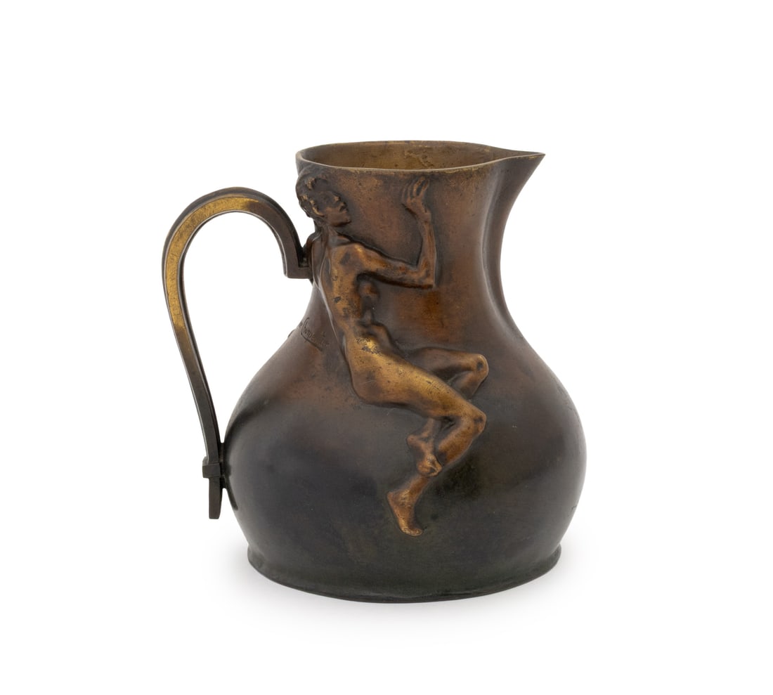 Alexandre Charpentier Patinated Bronze Pitcher: Alexandre Louis Marie Charpentier (French, 1856-1909) Patinated Bronze Pitcher with female nude relief, signed near handle, numbered edition "6/20", marked "Gve Roger Sandoz Edic / tiragea 20 E / Ex n