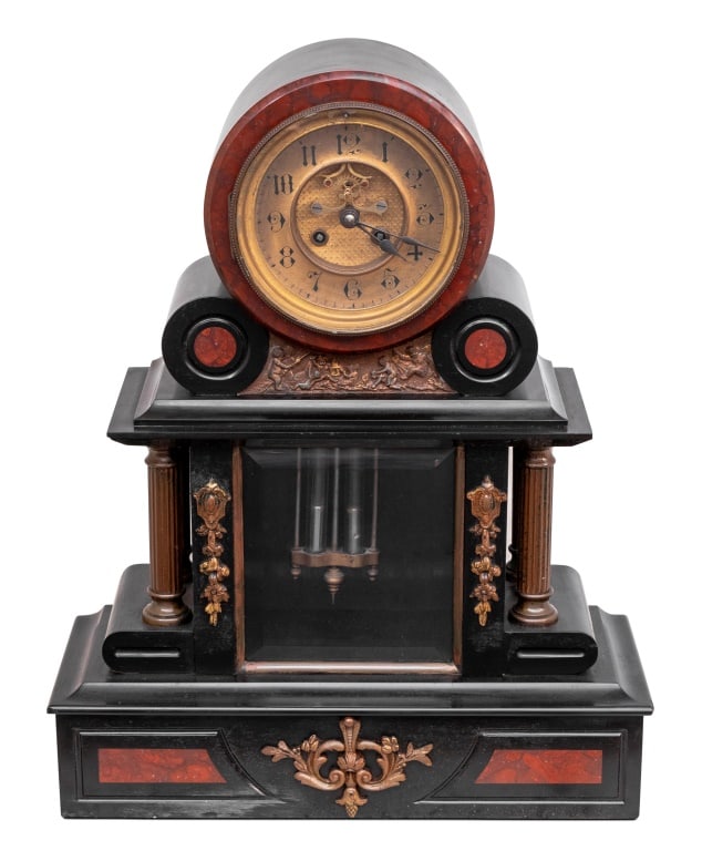 French Marble and Black Slate Mantel Clock: French Gilt Metal Mounted Rouge Griotte Marble and Black Slate Mercury Compensated Mantel Clock, late 19th century, the circular brass dial with open escapement, the movement strike on bell. 19.25" H 