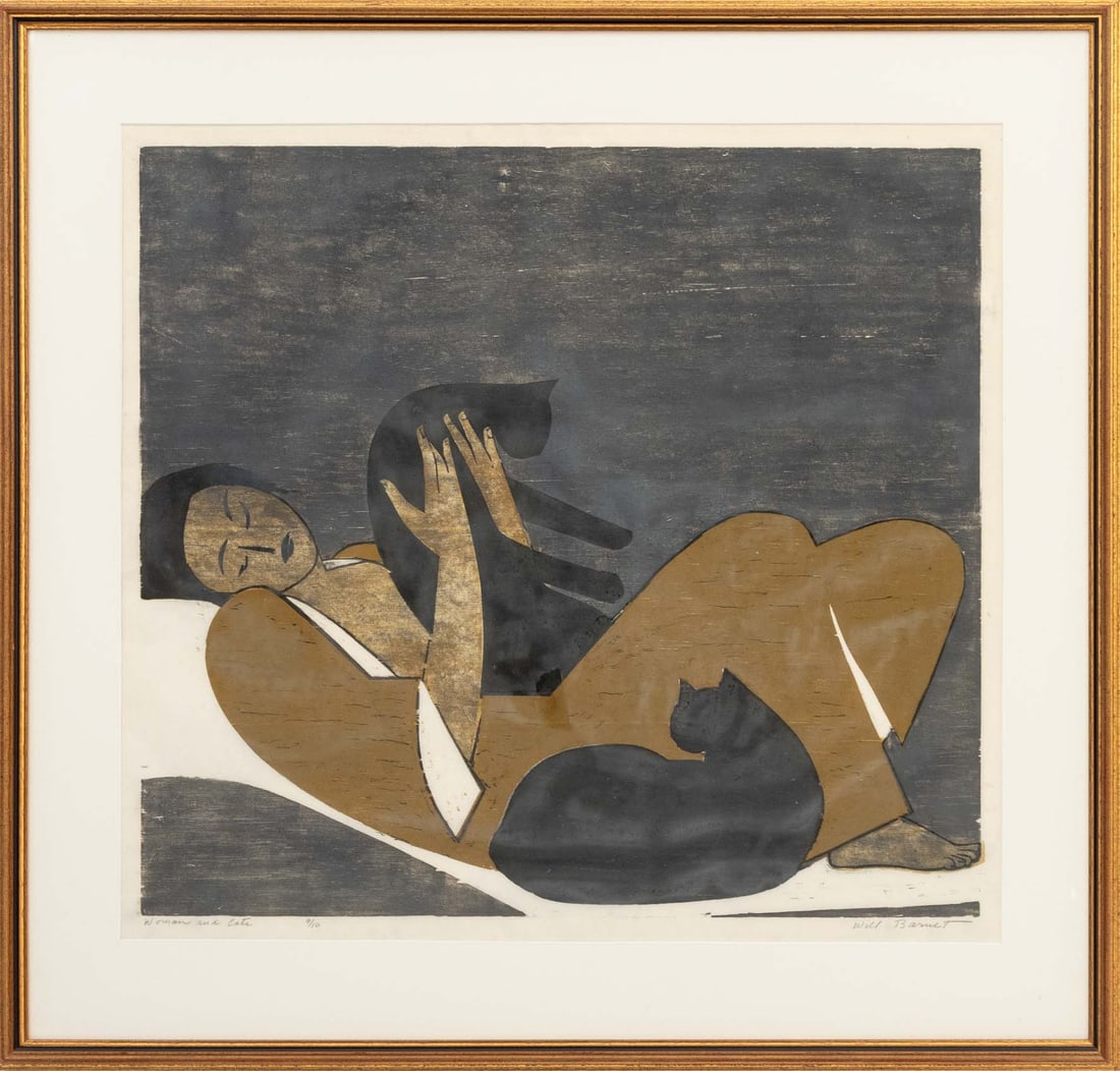 Will Barnet "Woman and Cats" Woodcut Print: Will Barnet (American, 1911-2012), "Woman and Cats", Woodcut Print in Colors, signed in pencil lower right, titled and numbered edition "9/10" lower left, giltwood frame. Image: 24" H x 25.5" W; frame