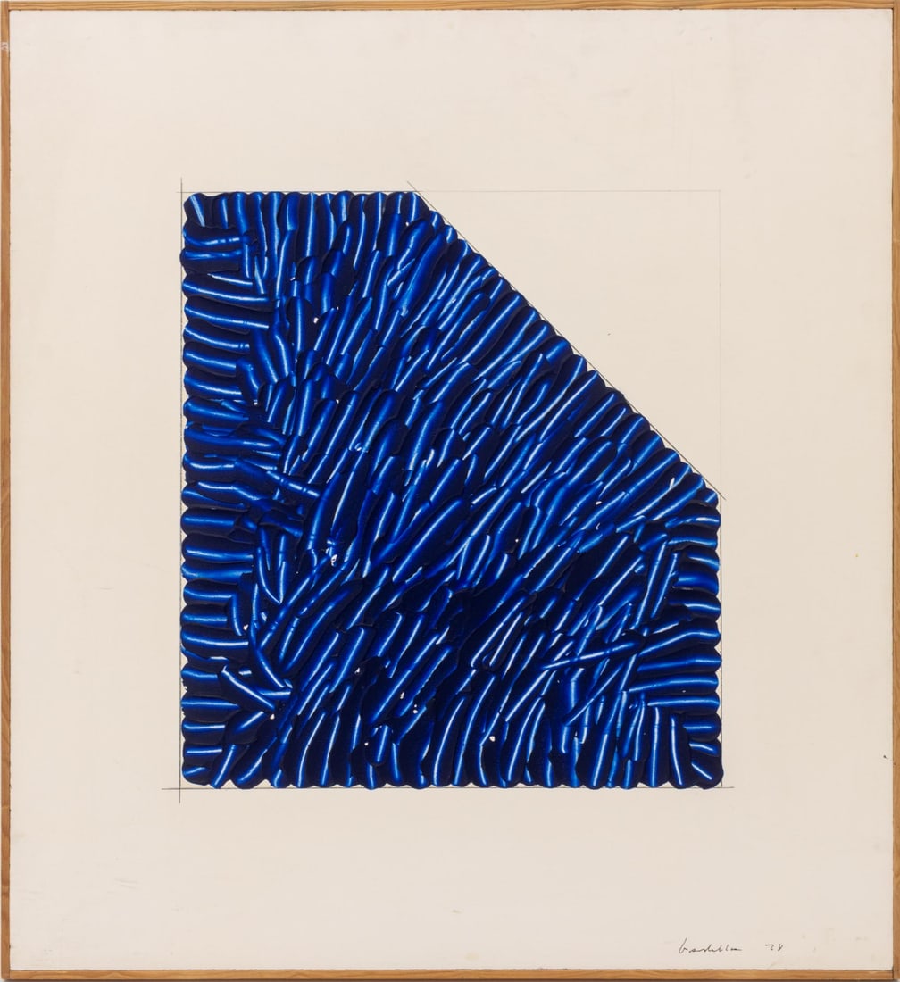 Joseph Gardella Abstraction in Blue, 1978: Joseph Lawrence Gardella (American, XX-XXI), Abstraction in Blue, Oil and Plaster on Wood Panel, 1978, signed in pencil and dated lower right, wood frame. Image: 15" H x 13" W; frame: 24.5" H x 22.5"