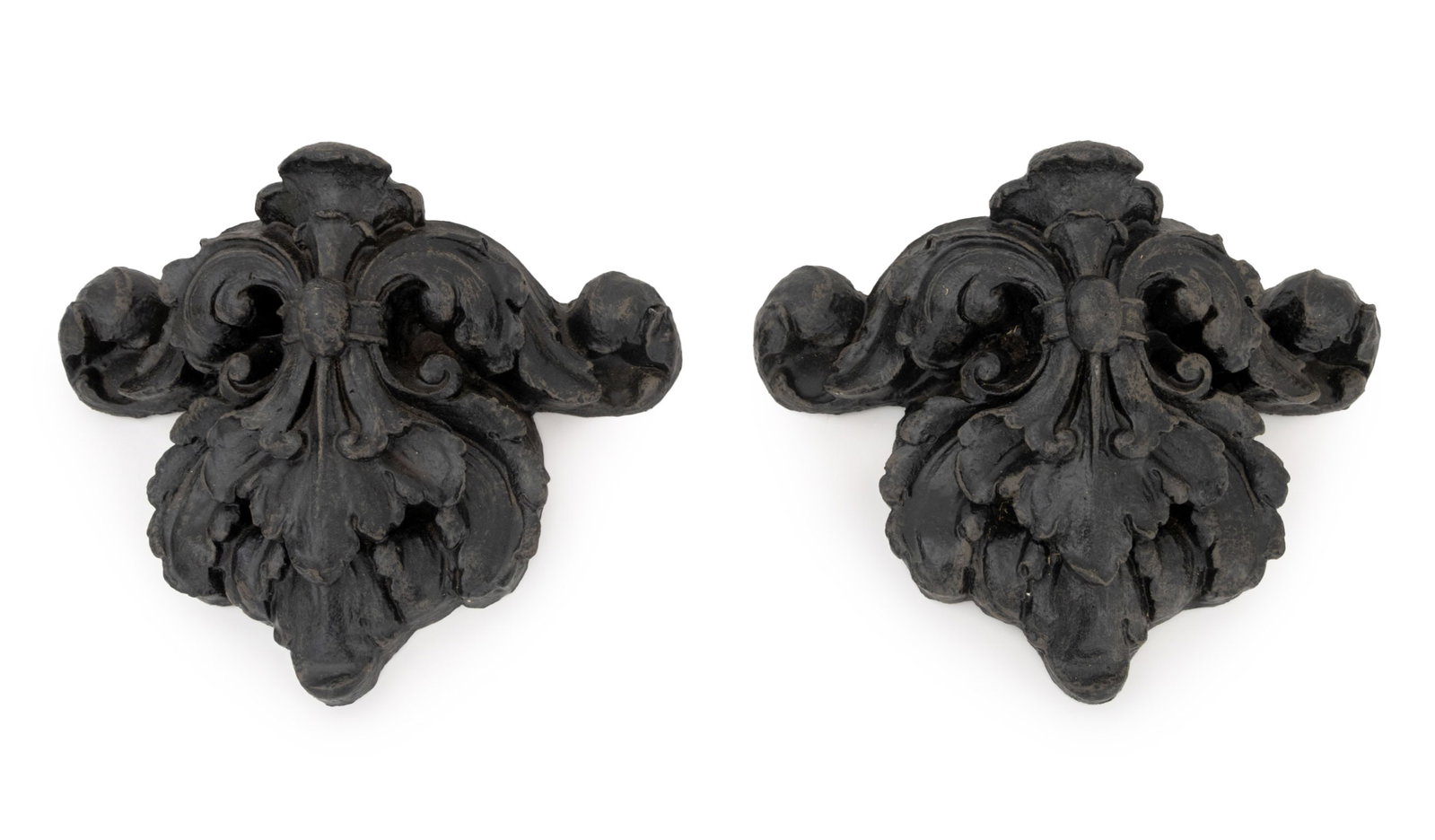 Neoclassical Style Ebonized Wall Brackets, Pair: Pair of Neoclassical Style Ebonized Composite Wall Brackets, in the form of acanthus leaves and with inset floral arrangement foam. 16" H x 22.5" W x 9" D. Provenance: From an Upper East Side Townhous