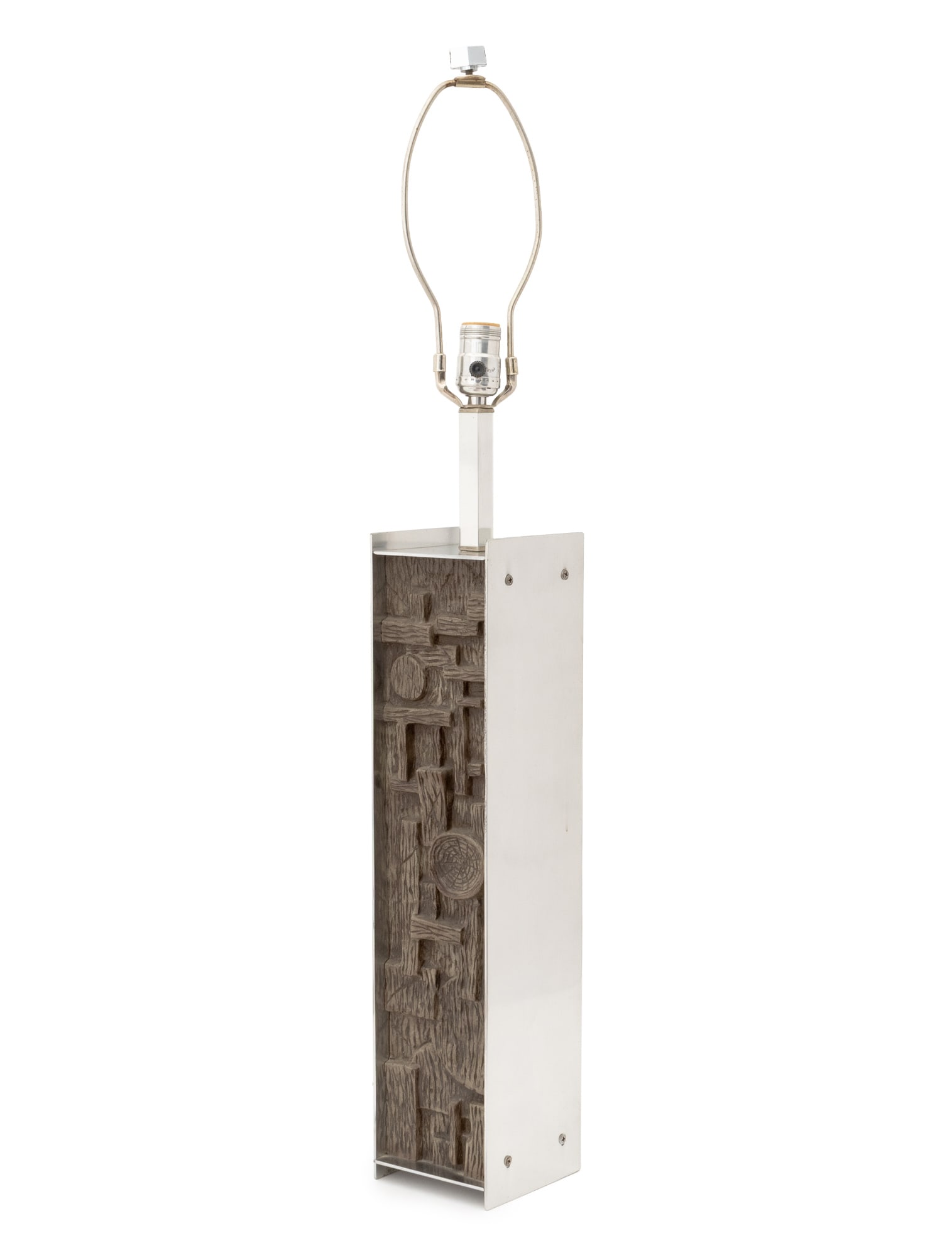 Paul Evans Style Brutalist Table Lamp: Paul Evans Style Brutalist Table Lamp, chromed metal and cast composite geometric patchwork motif panels. 35" H x 4.5" W x 4.75" D. Provenance: An Upper West Side, Manhattan Collection. Keywords: Scul