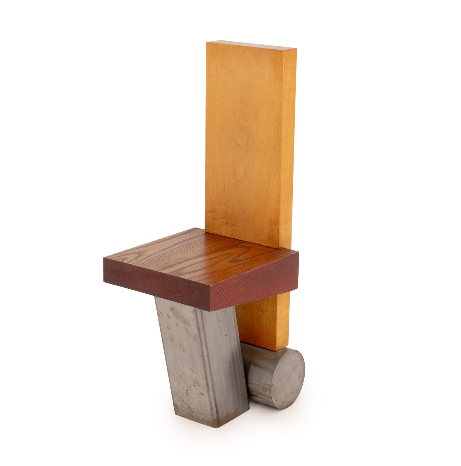Modern Sculptural Oak High Back Side Chair: Modern Sculptural Oak High Back Side Chair, with polished steel geometric base, wood burned mark to underside. 34.5" H x 14" W x 20" D; seat: 18.5" H. Provenance: From an Upper West Side Estate.