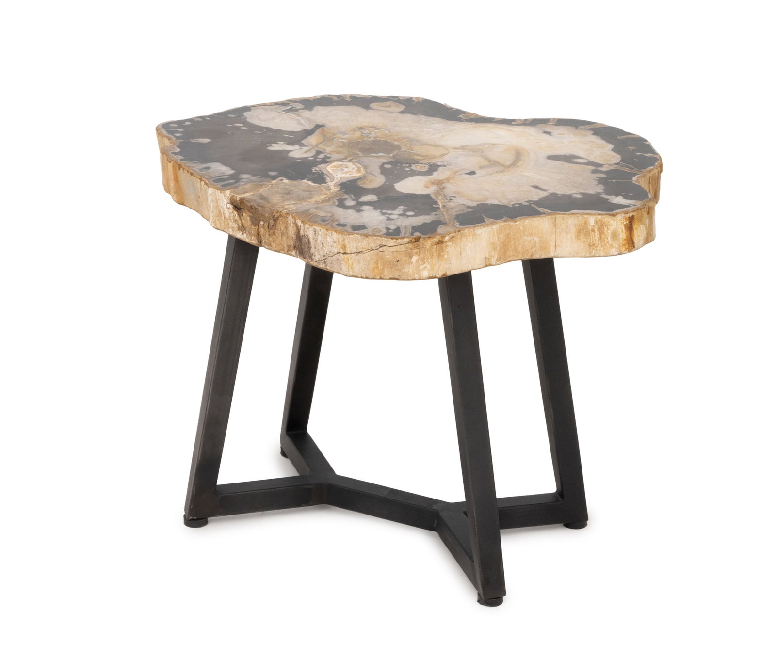 Contemporary Petrified Wood Side Table: Contemporary Resin and Petrified Wood Live Edge Side Table, mounted on gray patinated steel base. 18.5" H x 24" W x 20.25" D. Provenance: From a New York City Collection. Keywords: Modern Furniture,