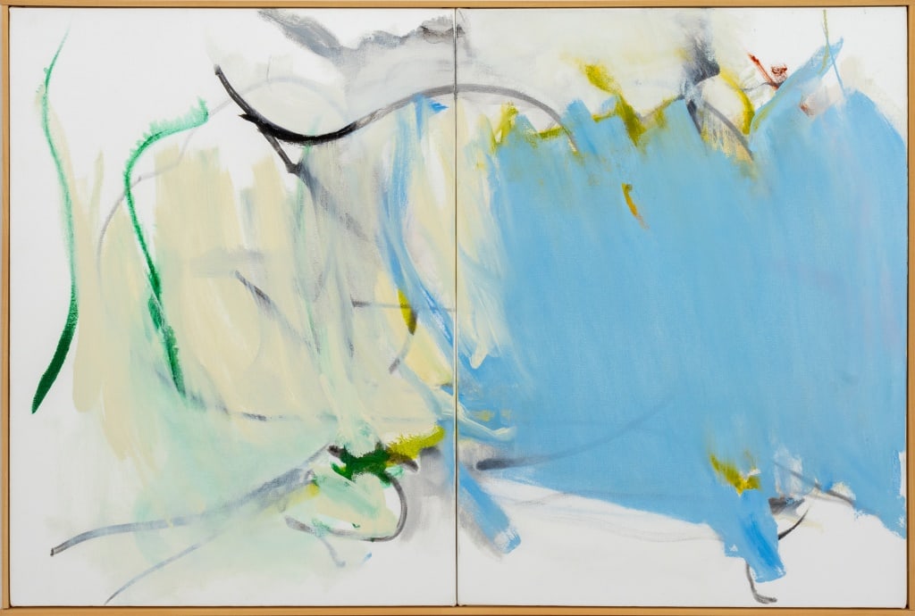 Robert O'Meara Abstract Composition Diptych Oil: Robert O'Meara (American, 1957-2024), Abstract Composition Diptych in Sky Blue, Oil on Canvas, unsigned, wood frame. Panel: 24" H x 18" W; frame: 24.75" H x 36.75" W. Provenance: From a 333 East 75th