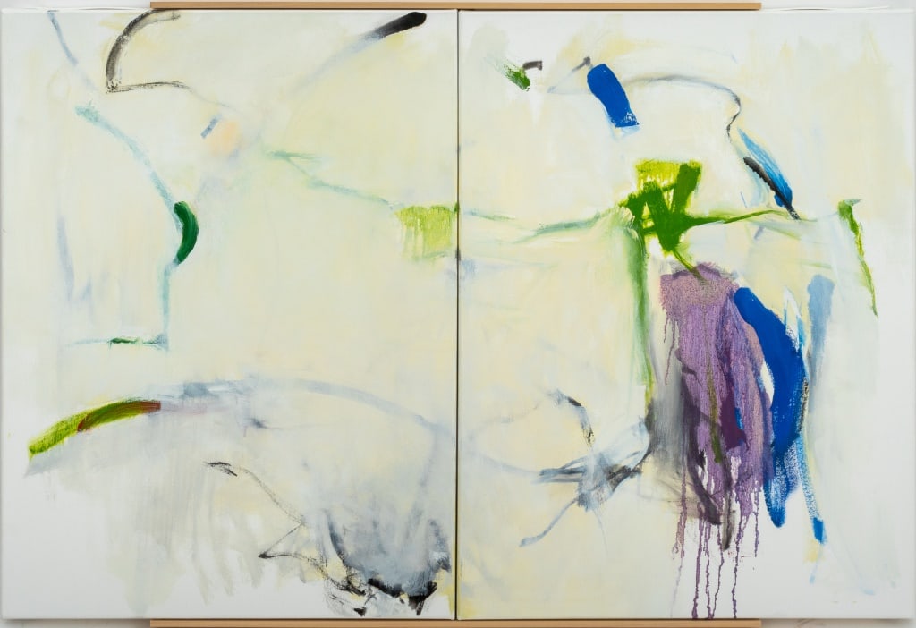 Robert O'Meara Abstract Composition Diptych Oil: Robert O'Meara (American, 1957-2024), Abstract Composition Diptych, Oil on Canvas, signed verso, with partial wood frame. Overall: 24.75" H x 36" W. Provenance: From a 333 East 75th Street Estate.