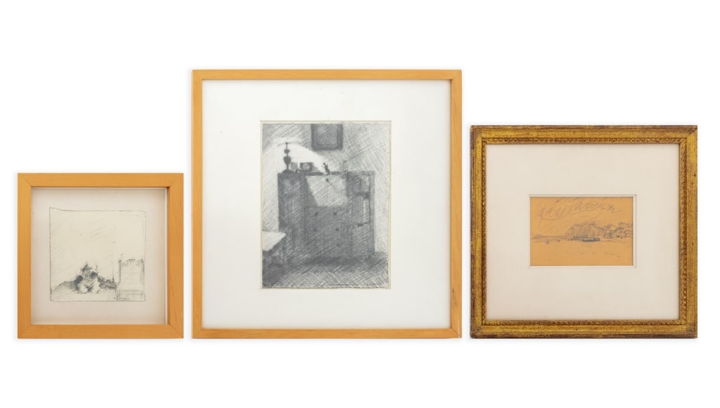 Robert O'Meara House Scenes Graphite Sketches, 3: Robert O'Meara (American, 1957-2024), Group of Three House Scenes, Graphite on Paper, two signed lower right depicting interior home scenes, one picturing farm house, two wood frames and one
