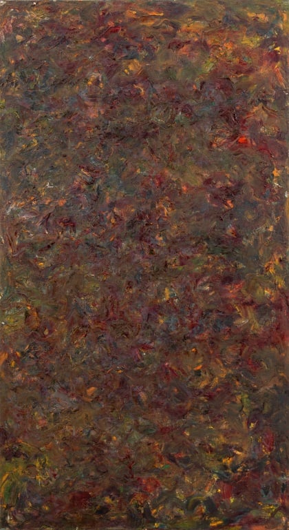 Andy Miller Abstract Composition Oil on Canvas: Andy Miller (American, b. 1950), Abstract Composition, Oil on Canvas, impasto details, deep greens and purples with red and yellow accents, with artist's studio stamp and signed verso, unframed. 36" H