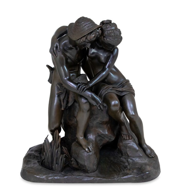 Paul Joseph Gayrard "Daphnis and Chloe" Bronze: Paul Joseph Raymond Gayrard (French, 1807-1855) "Daphnis and Chloe" Patinated Bronze Sculpture, cast by Vittoz Bronzier, Paris, late 19th century, the embracing figures seated on a rock beside a pond,