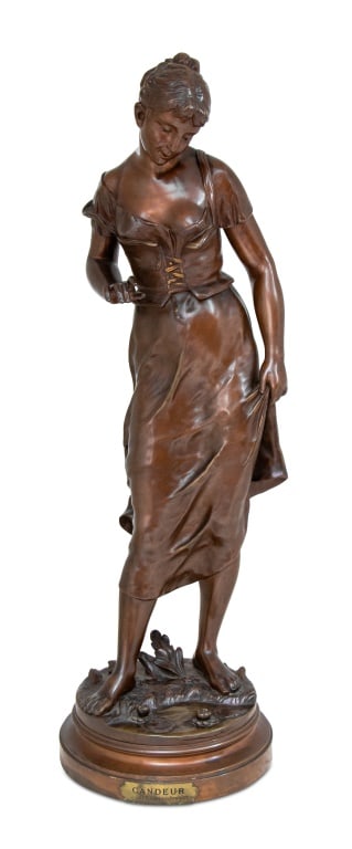 Emile Carlier "Candeur" Patinated Bronze: Emile Francois Carlier (French, 1849-1927) "Candeur", Patinated Bronze Sculpture, late 19th century, the standing figure peering into a pond at her feet, signed to base, on a circular plinth with appl