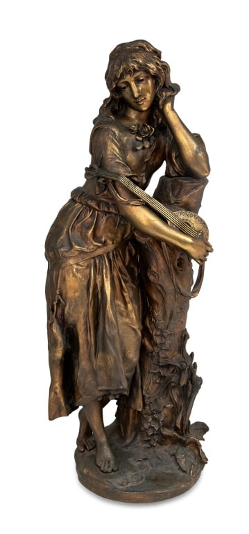 Adrien Gaudez "Mignon" Patinated Bronze Sculpture: Adrien Etienne Gaudez (French 1845-1902) "Mignon", Patinated Bronze Sculpture, late 19th century, the standing female resting against a tree stump and holding a lute, on a circular base, signed. 31.5"