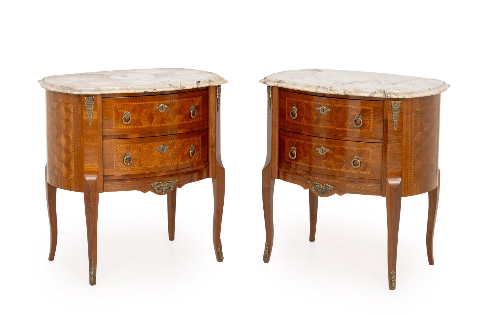 Louis XV Style Parquetry Commodes, Pair: Pair of Louis XV Style Parquetry Commodes, each with marble top above two drawers atop cabriole legs. 32.5" H x 31.5" W x 21" D. Provenance: From a West End Avenue Collection. Keywords: Vintage Furnit