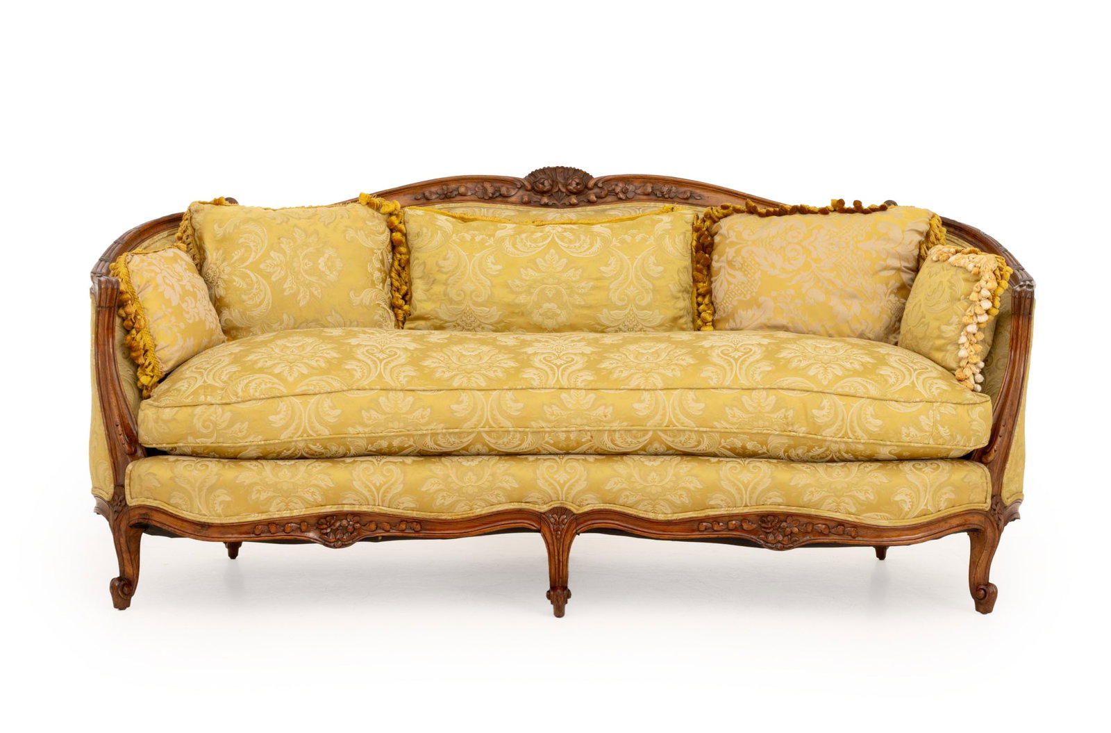 Louis XV Yellow Damask Upholstered Walnut Sofa (1 of 12)
