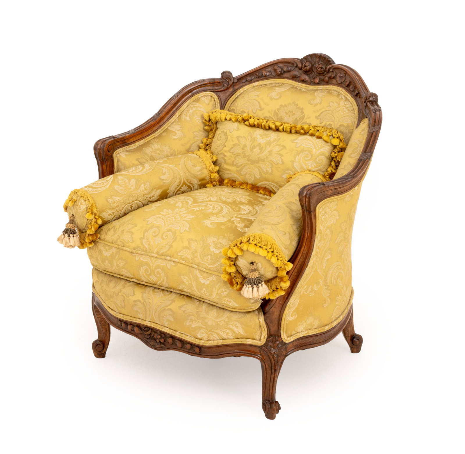 Louis XV Style Yellow Damask and Walnut Bergere (1 of 11)
