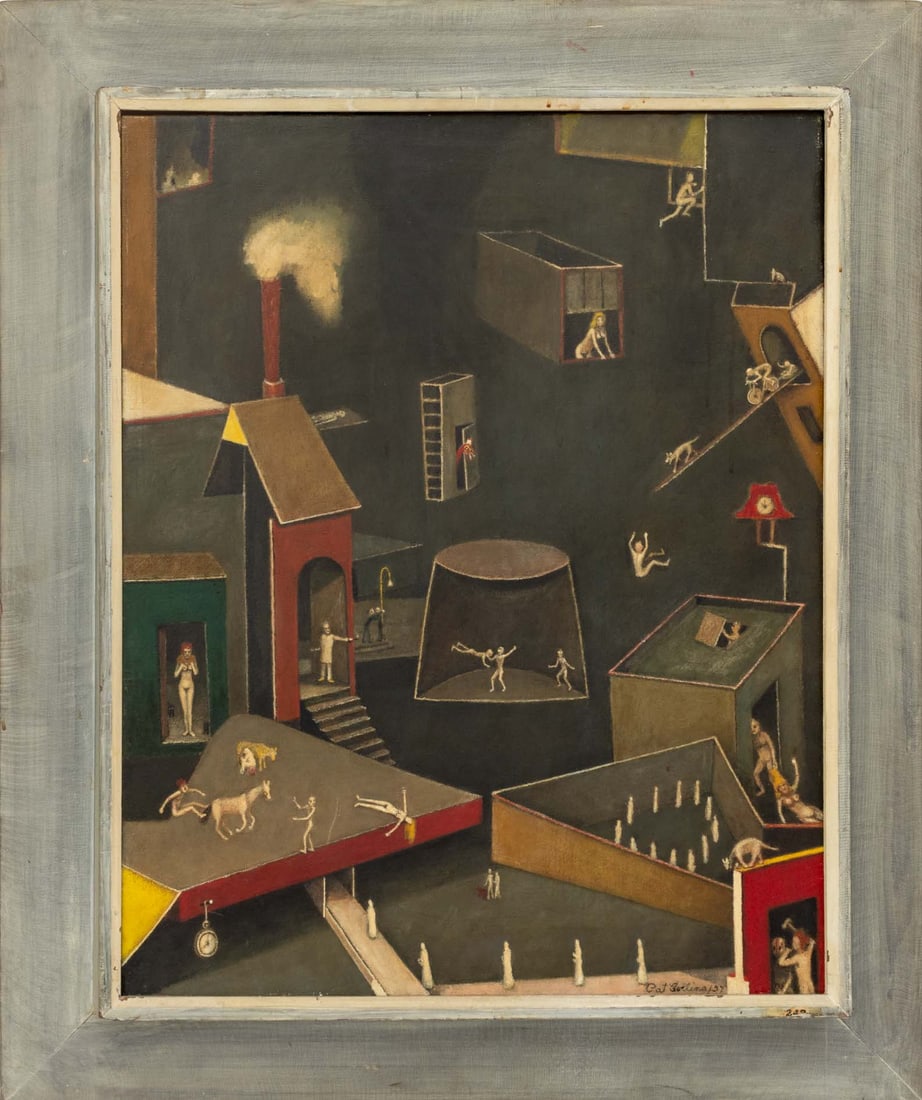 Pat Collins "Plus X Triple B" Oil on Canvas, 1957: Pat Collins (American, XX), "Plus X Triple B No Stopping", Oil on Canvas, 1957, signed and dated lower right, Artists Equity Association labels verso, gray painted wood frame. Image: 29.75" H x 23.75"