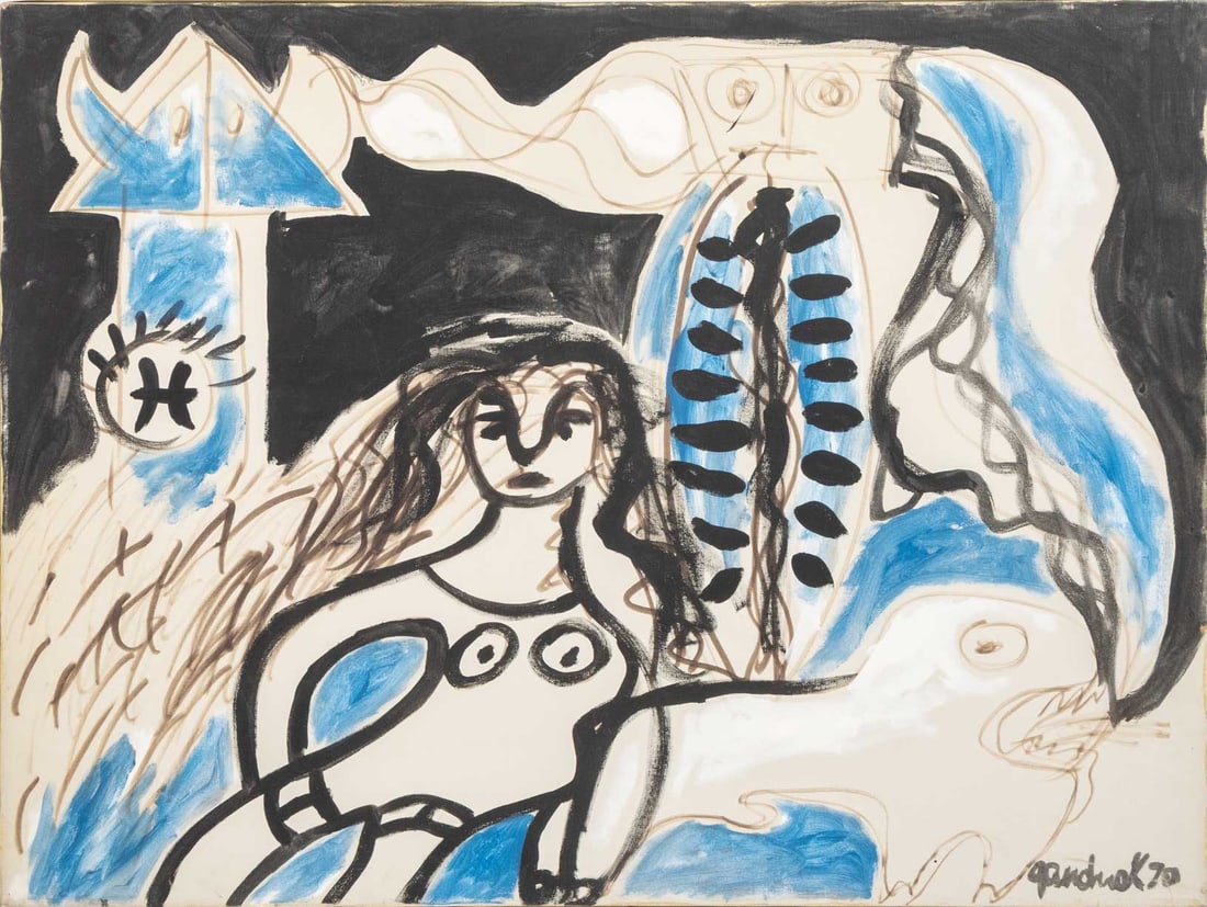 Walter Gaudnek "Study for Madonna with Totem" Oil: Walter Gaudnek (Czech, 1931-2022), "Study for Madonna with Totem", Oil on Canvas, 1970, signed and dated lower right, signed, titled, dated, and inscribed "To Alice with special love and affection"