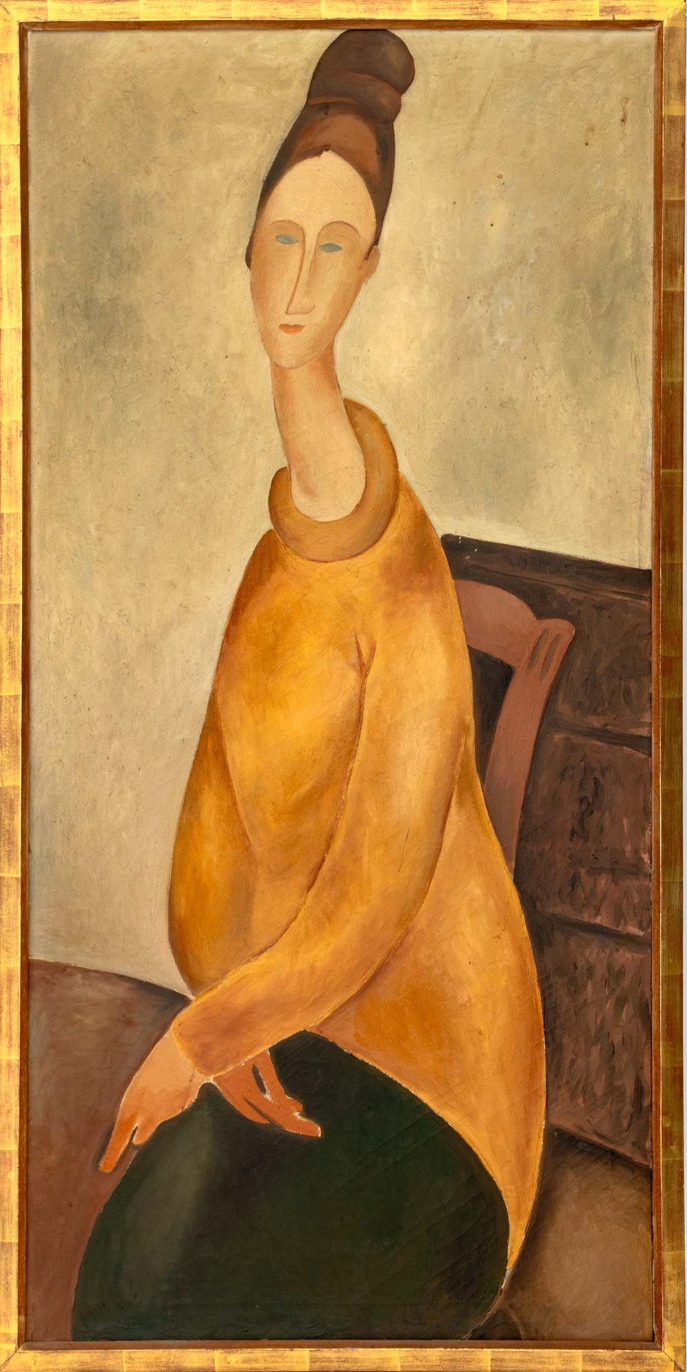 After Amedeo Modigliani "Jeanne Hebuterne ..." Oil: After Amedeo Modigliani (Italian, 1884-1920), "Jeanne Hebuterne with Yellow Sweater", Oil on Canvas, unsigned, giltwood frame. Image: 47.75" H x 23.75" W; frame: 49.75" H x 25" W x 1.5" D.