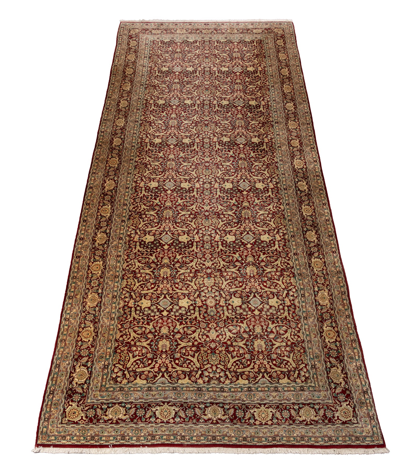 Persian Qum Silk Rug, 12' 7" x 6': Persian Qum Silk Rug, with floral motif repeating pattern on a red ground. 12' 7" L x 6' W. Provenance: From a Park Avenue Collection. Keywords: Oriental rugs, Runner, Carpets, Area rugs, Textiles,