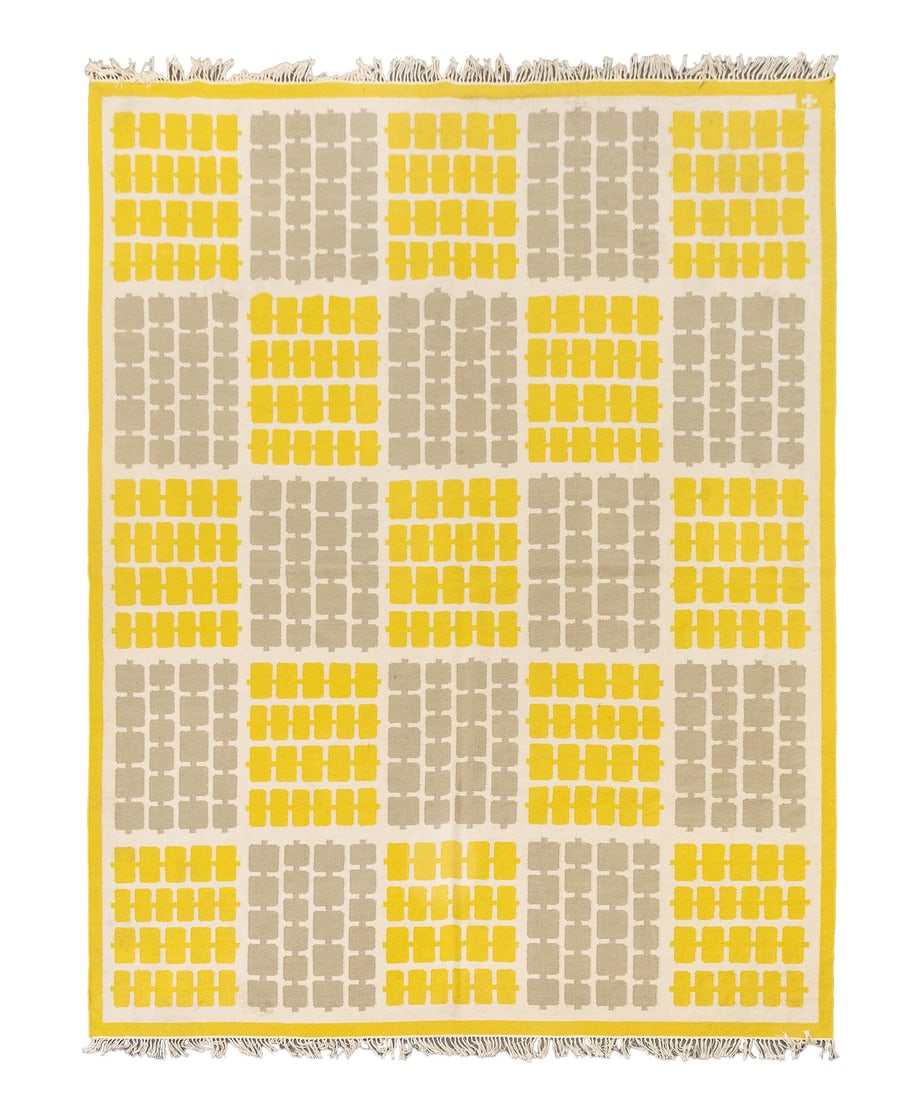 Modern Geometric Flatweave Carpet, 12' 6" x 9' 3": Modern Geometric Pattern Flatweave Wool Carpet, in yellow and gray hues. 12' 6" L x 9' 3.5" L. Provenance: From an Upper West Side Townhouse. Keywords: Textiles, Area rugs, Carpets, Floor coverings,