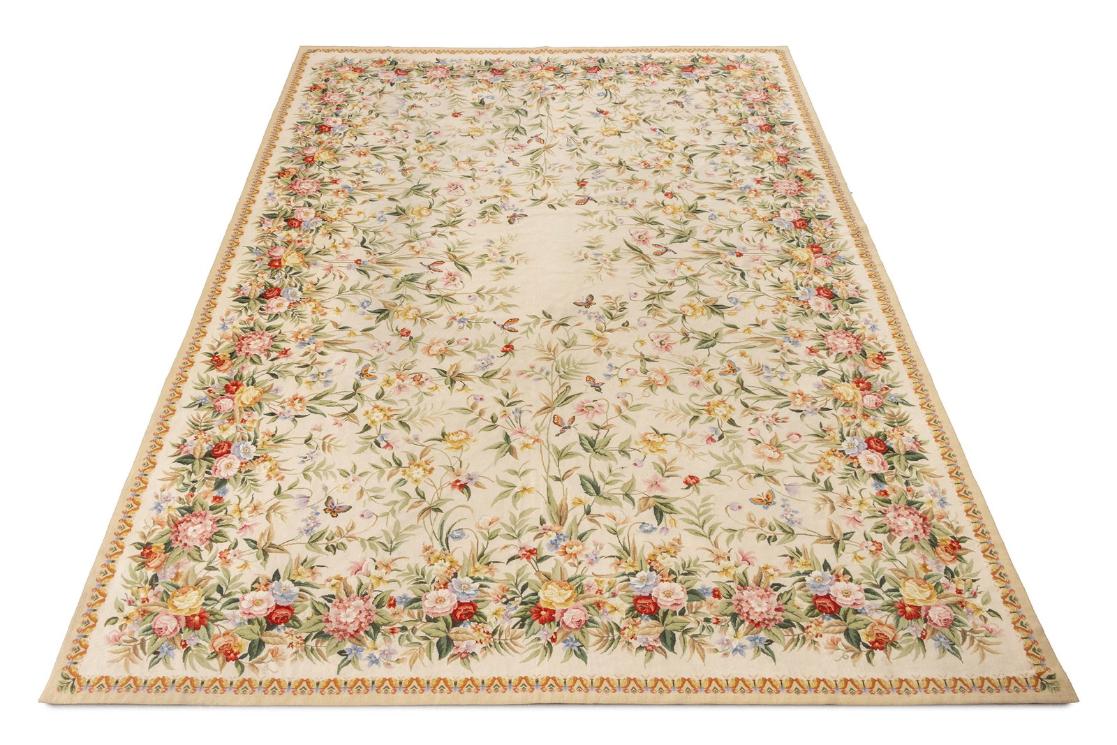 Floral Motif Needlepoint Carpet, 12' 8" x 10' 8": Modern Floral and Butterfly Motif Needlepoint Wool Carpet. 12' 8" L x 10' 8" W. Provenance: From a Park Avenue Collection. Keywords: Aubusson style, Area rugs, Carpets, Textiles, Floor coverings,