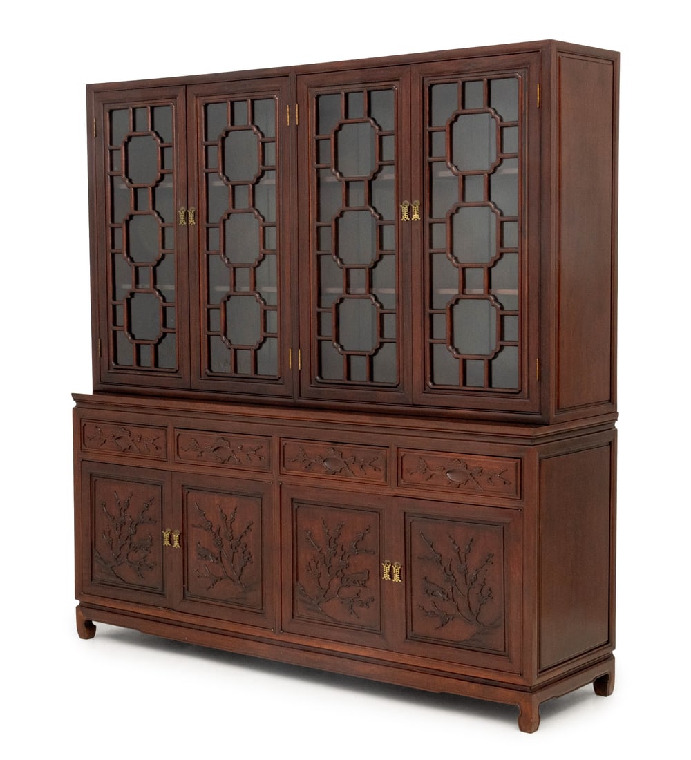 Chinese Rosewood China Cabinet: Chinese Rosewood China Cabinet, the top half with four glass paneled doors and carved geometric rosewood design above four short drawers and four cabinets with relief cherry blossom carved design.