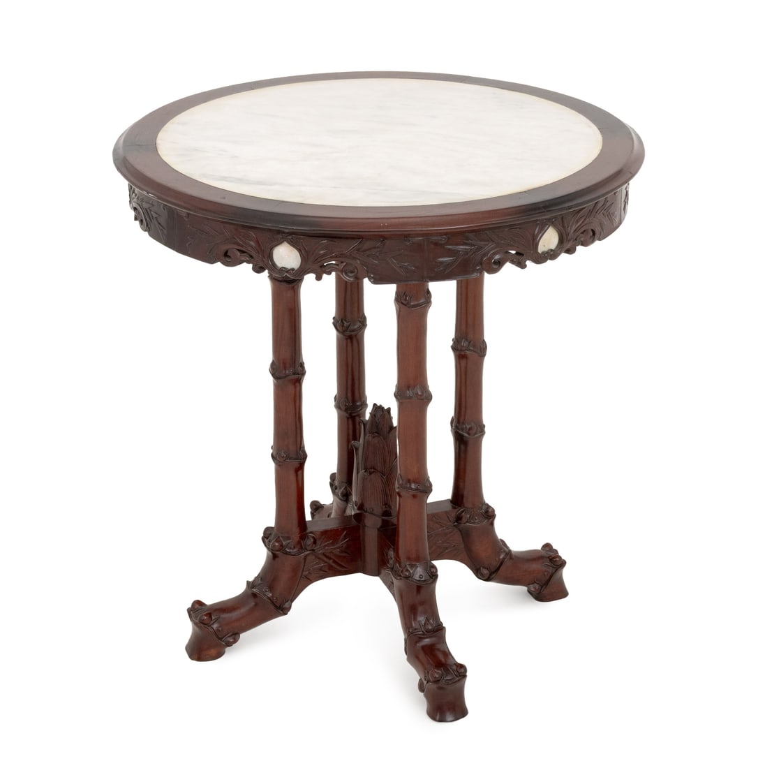 Victorian Chinoiserie Style Mahogany Center Table: Victorian Chinoiserie Style Mahogany Center Table, with white alabaster inset circular top above bamboo motif supports. 31.75" H x 30.5" Diameter. Provenance: From a New York City Estate. Keywords: An