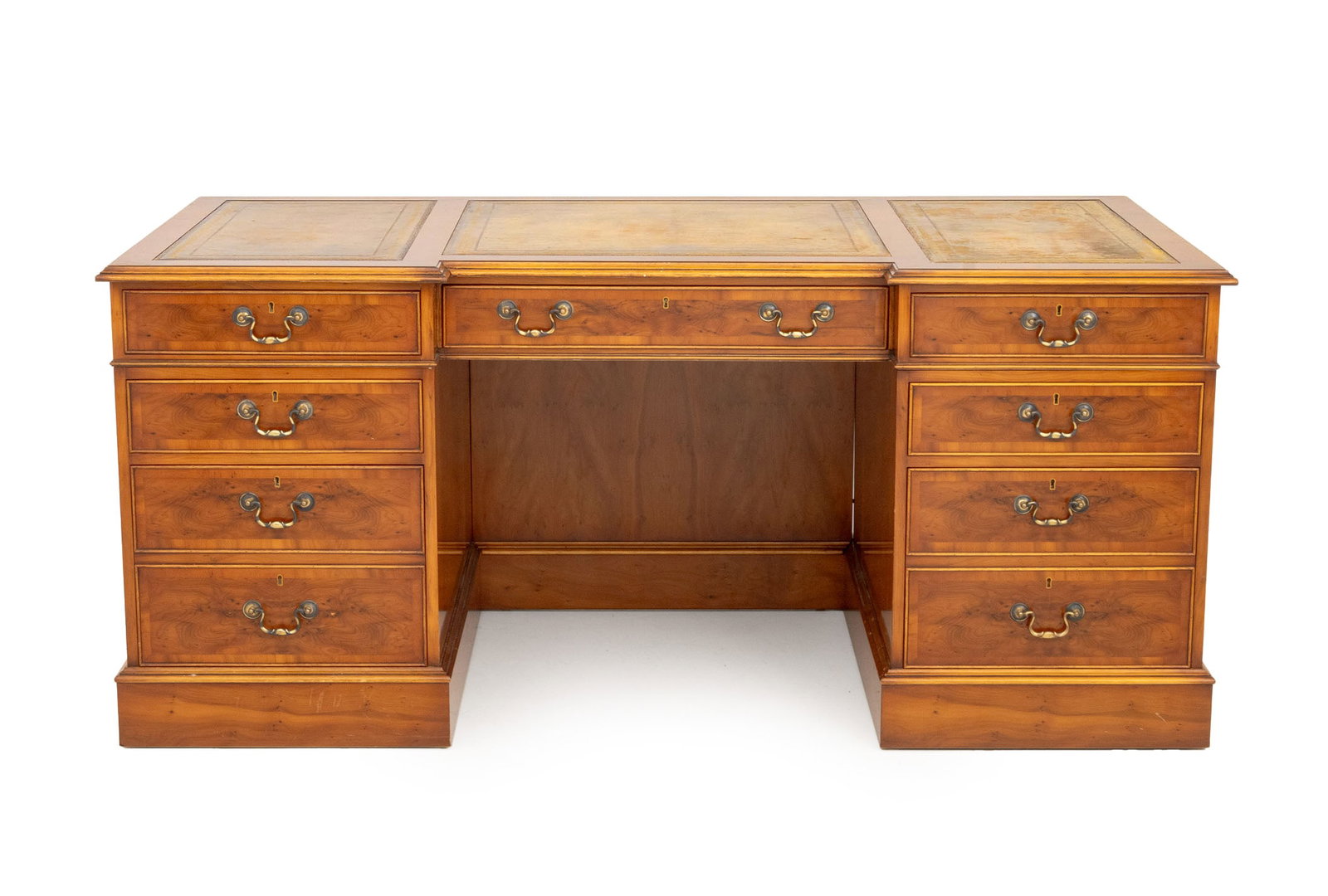Victorian Style Walnut Pedestal Desk: Victorian Style Walnut Pedestal Desk, gilt-tooled tan leather top above central drawer flanked by three drawers on each side. 30.5" H x 70" W x 35.5" D. Provenance: From a Roxbury, Connecticut