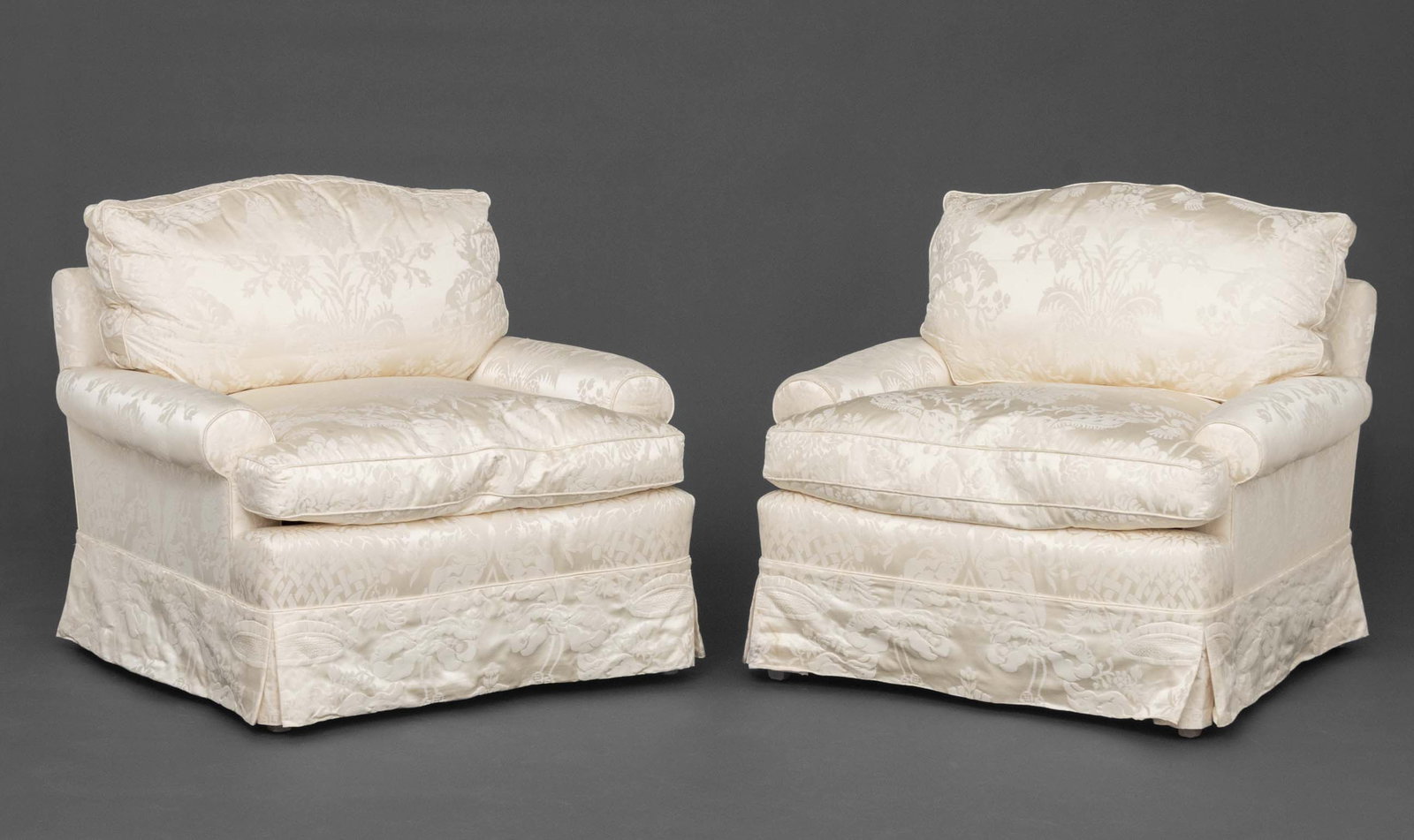 White Silk Damask Upholstered Easy Chairs, Pair (1 of 6)