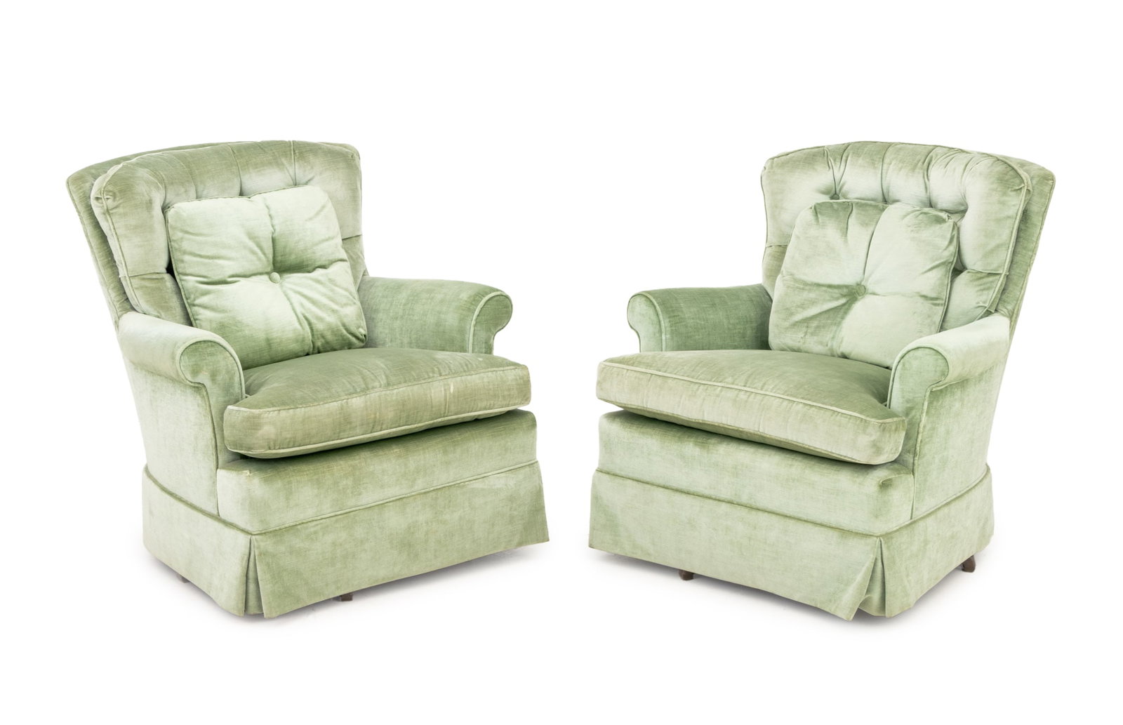 Green Velvet Button-Tufted Swivel Armchairs, Pair (1 of 6)