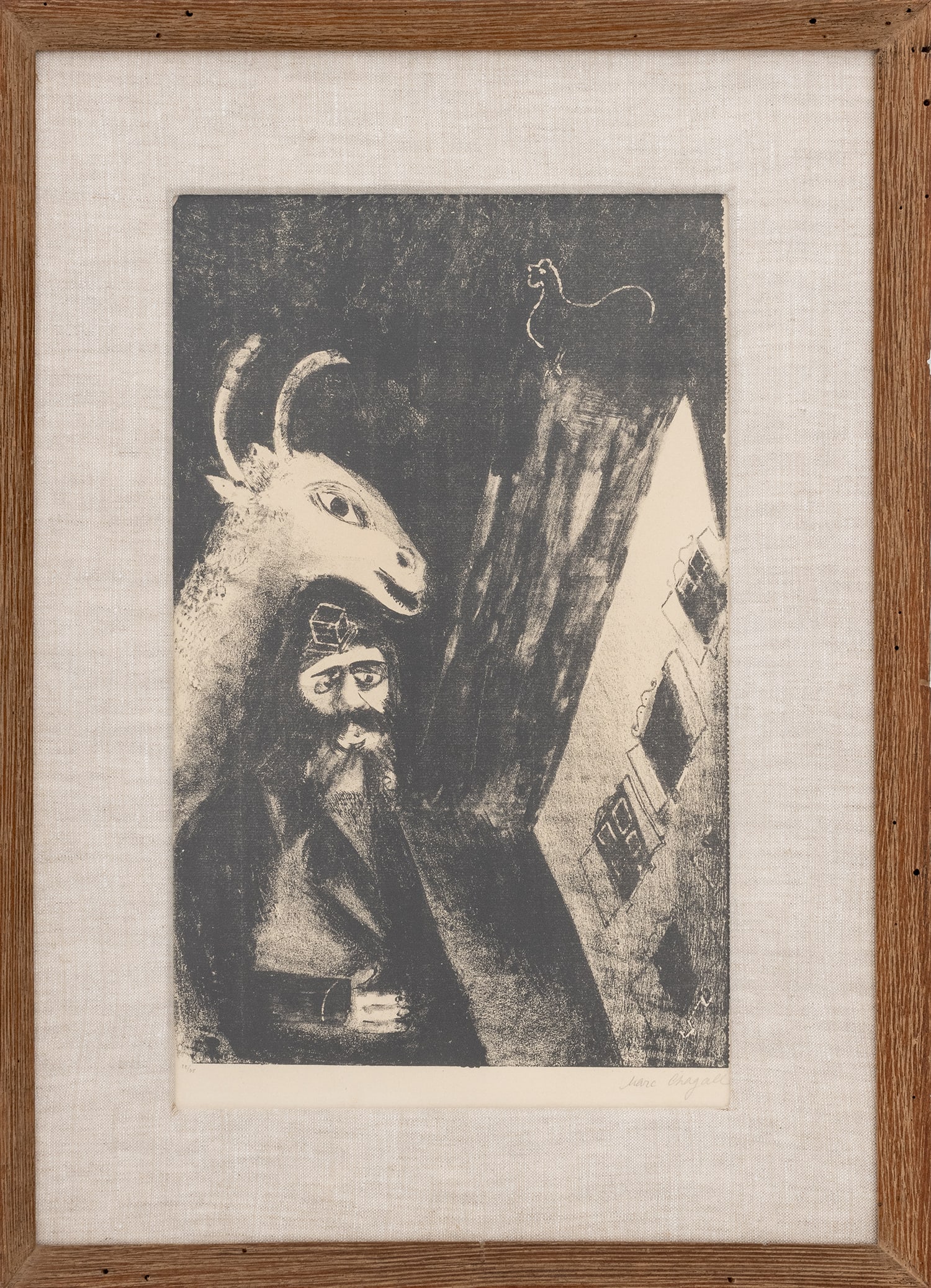 Marc Chagall "La Chevre dans la Nuit" Lithograph: Marc Chagall (French/Russian, 1887-1985), "La Chevre dans la Nuit" [Goat in the Night], Transfer Lithograph on Laid Paper, 1922-1923, signed in pencil lower right, numbered edition "22/35" lower