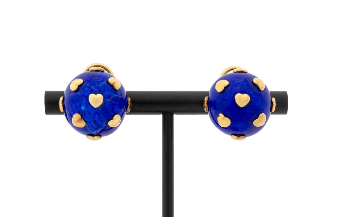 Schlumberger Studios x Tiffany & Co. Gold Earrings: Schlumberger Studios for Tiffany and Company Pair of 18K Yellow Gold Cobalt Blue Enamel Heart Motif Earrings, featuring bombe shaped earrings with raised yellow gold heart motifs, surrounded by transl