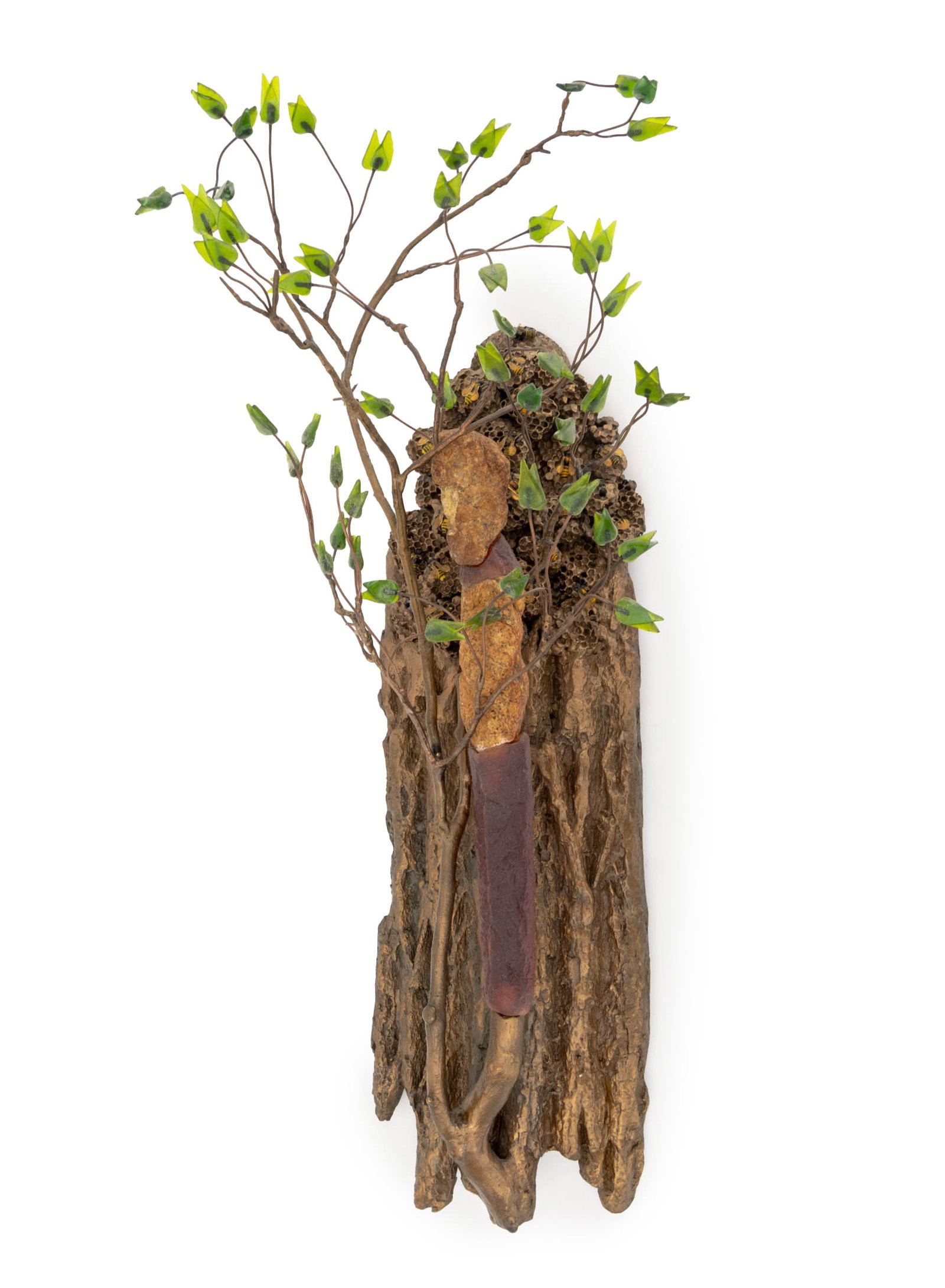 Thomas Scoon "Beekeeper" Art Glass Wall Sculpture: Thomas Scoon (American, b. 1961) "Beekeeper" Mixed Media Wall-Mounted Studio Art Glass Sculpture, from the "Beekeepers" series. Disassembles into four parts. 31" H x 14" W x 13" D. Provenance: From a 